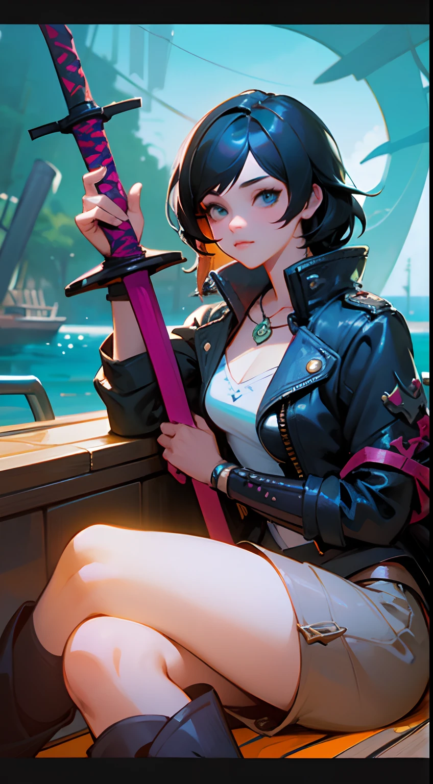 pirate girl sitting on a boat with a sword in her hand, artwork in the style of guweiz, guweiz, ciri from the witcher, the style of wlop, stunning character art, ciri, sea of thieves style, guweiz on artstation pixiv, ross tran style, black hair, glowing blue eyes