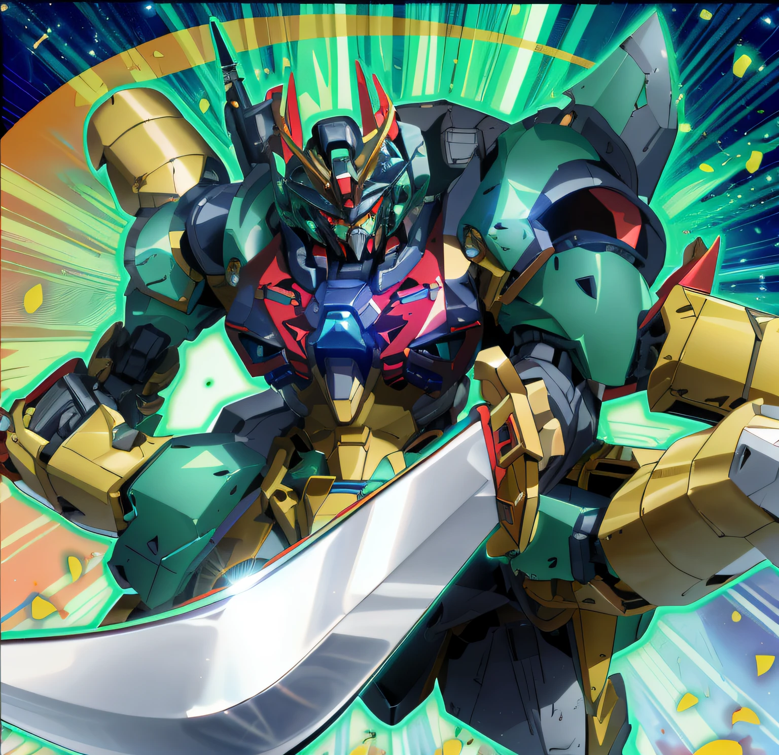 Image of a robot holding a sword in Arafede's hand, super robot wars, anime large mecha robot, Mobile Suit, Gundam Robot, gurenn lagann, gundam wing style armor, cool mecha style, giant anime mecha, modern mecha anime, tremendous mecha robot, Gundam armor, mecha anime, Mecha warrior, offcial art