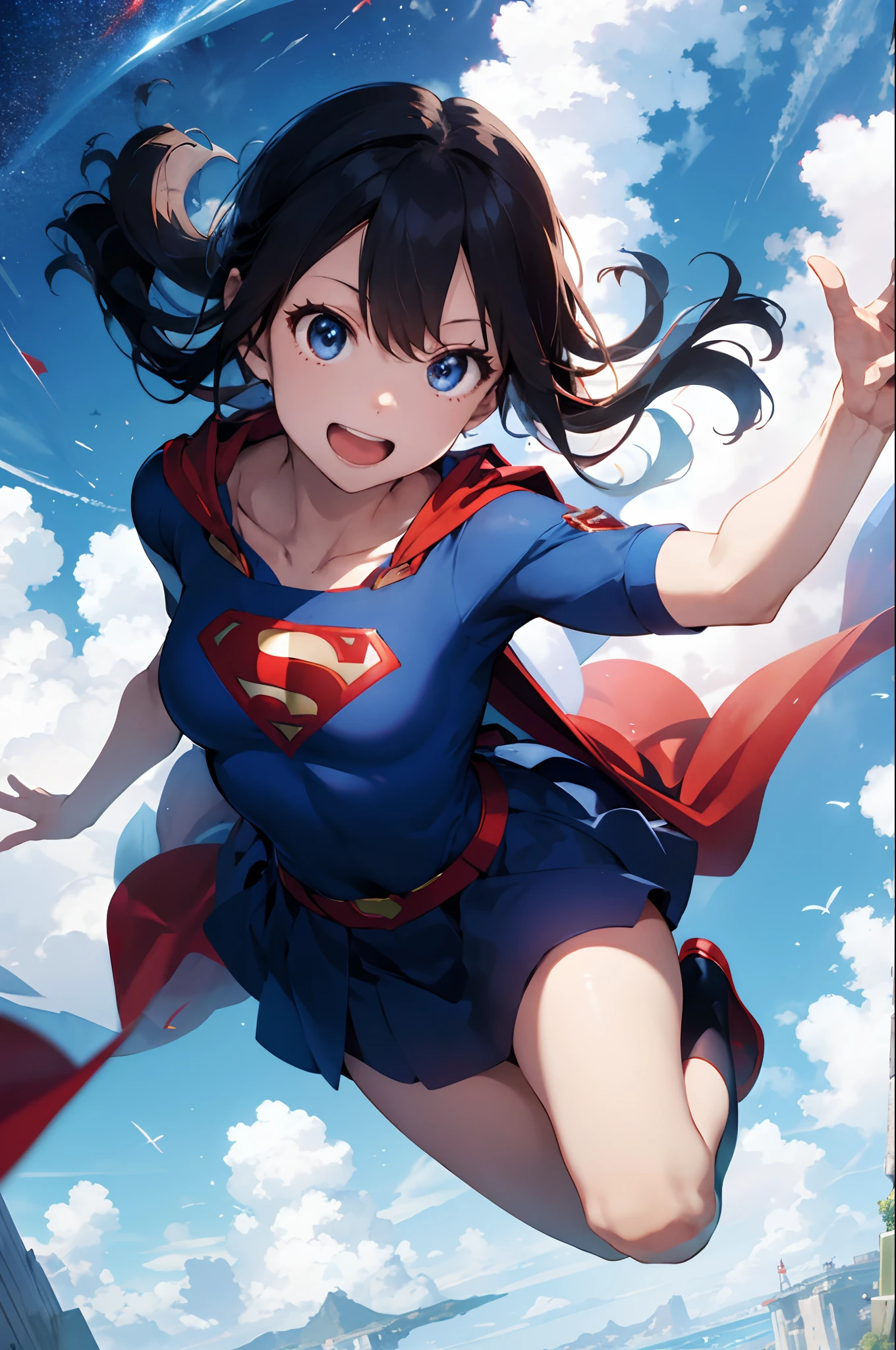 Red cape，short red dress，blue clothes，Superman logo，Supergirl dressed up，Superwoman flies in the air，There is a total of one Supergirl。