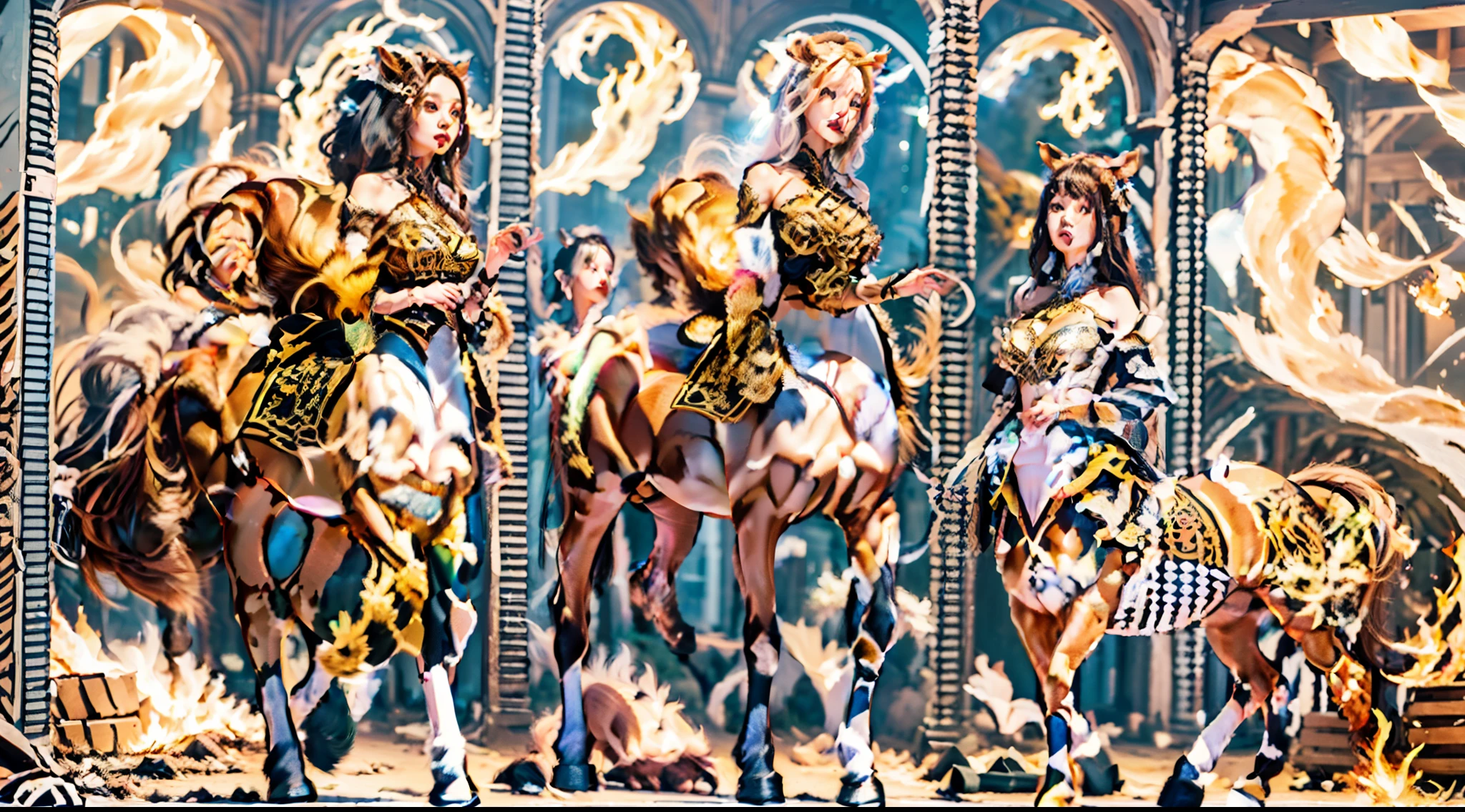 In this beautiful illustration，Eight unique female centaur characters are shown，They all have their own characteristics，Vivid and interesting。Radiant angelic centaurs from the heavenly realm，To the hellish centaurs surrounded by nightmarish flames，And then to the Wind Immortal Centaur dancing in the air，Unicorn centaur surrounded by lightning，Mechanical centaur in mechanical style，Dragon centaurs，Elf centaurs，Tiflin centaurs，Each character has their own unique charms and abilities。The illustration uses advanced artistic techniques and tools，Divide the scene into sections by geometric arrangement，Each section corresponds to a centaur character，This makes more efficient use of space。Through Midjourney's advanced brush tools、Color palette、Material packs and model packs，Exquisite costumes and equipment are designed for each centaur，Enhances the character's personality and visual appeal。The scenery in the illustrations is stunning，There are changing skies、rainbowing、extreme light、Stars and Moon。Incorporating iconic landmarks such as Mount Everest，and fireworks、tranquil lake、Natural and urban elements of waves and neon lights，Creates a magical atmosphere。The centaurs showed off their skills and equipment in a variety of environments，This is true even in extreme alien landscapes。Midjourney's tools make depicting details vivid and realistic，From intricate hairstyles and clothing to authentic textures，Enhances the realism of the characters and surroundings。The fusion of multiple art styles adds movement to the centaur's movement at all angles，The overall visual experience is further enriched。The final illustration was described as a "masterpiece"，It has the characteristics of "best quality" and "realistic"，The details put into the creative process are shown、Level of creativity and craftsmanship。Ultra-grand scenes，super wide shot， hdr，（真实感，Masterpiece quality，best qualtiy）