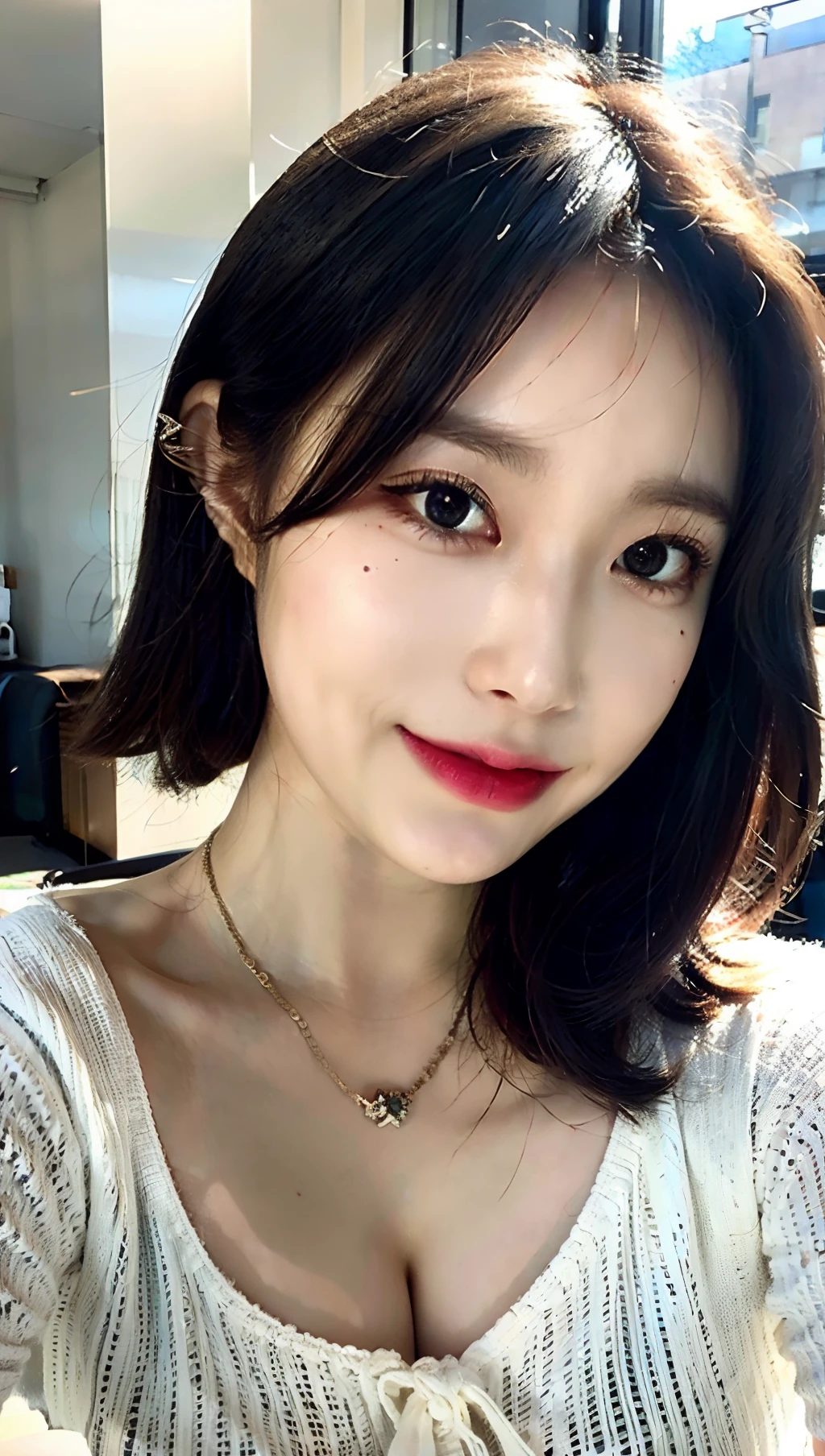 (Best quality, 8k, 32k, Masterpiece, UHD:1.2),Photo of Pretty Japanese woman, large breasts, very short bob hair,upper body,face focus,(oversized_sweater,:1.1) necklace, simple background, looking at viewer, leaning forward, huge breast, perfect body, blonde hair, 8k, RAW photo, best quality, masterpiece: 1.45), (realistic, photorealistic: 1.37), one girl, cute, incredibly cute under eye moles, 8k uhd, dslr,film grain, Fujifilm XT3,(best quality:1.3), (masterpiece:1.1), high resolution,physically based rendering, gradient black hair, higligt hair, short curly, charming, cinematic light, intricate details, (photorealistic),