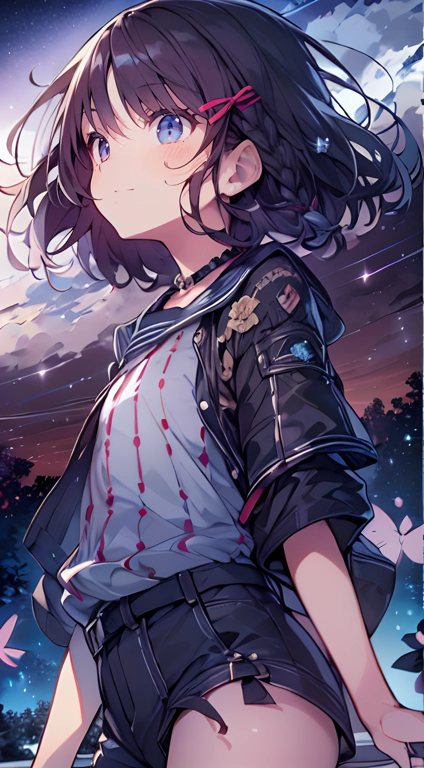 masutepiece, Best Quality,Illustration, Wallpaper, Ultra Detail, absurderes, 1girl in、 (Medium short hair、short braided hair), Beautiful ultra-detailed eyes , Hair fluttering in the wind、nffsw、Smaller head、Beautiful night sky、(a panoramic view:1.5)