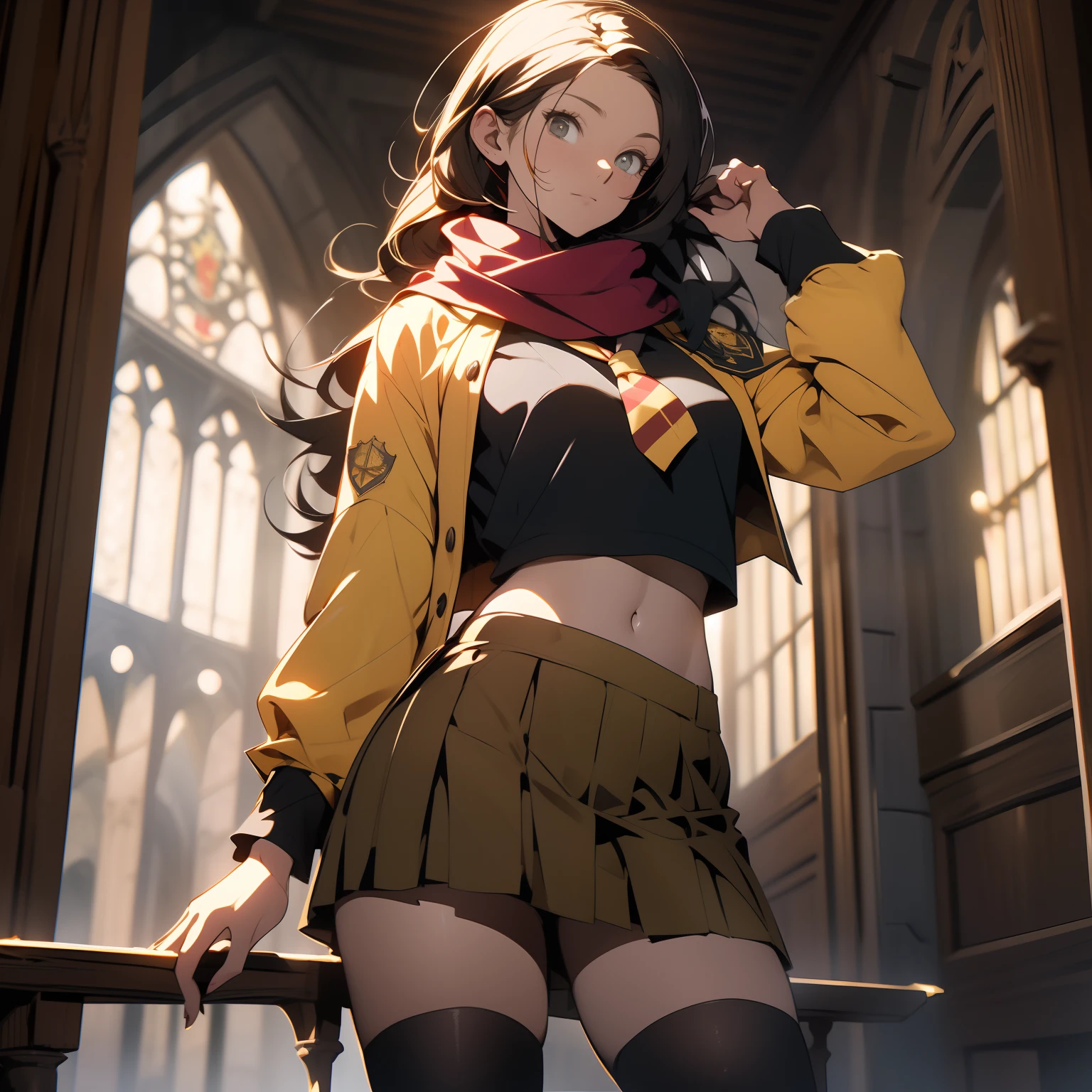 inside Hogwarts, adult, hogwarts school uniform, hufflepuff, yellow and black, red hair, crop top, sexy, 18 years old, medium chest, cowboy shot, (long hair), short skirt, school skirt, scarf