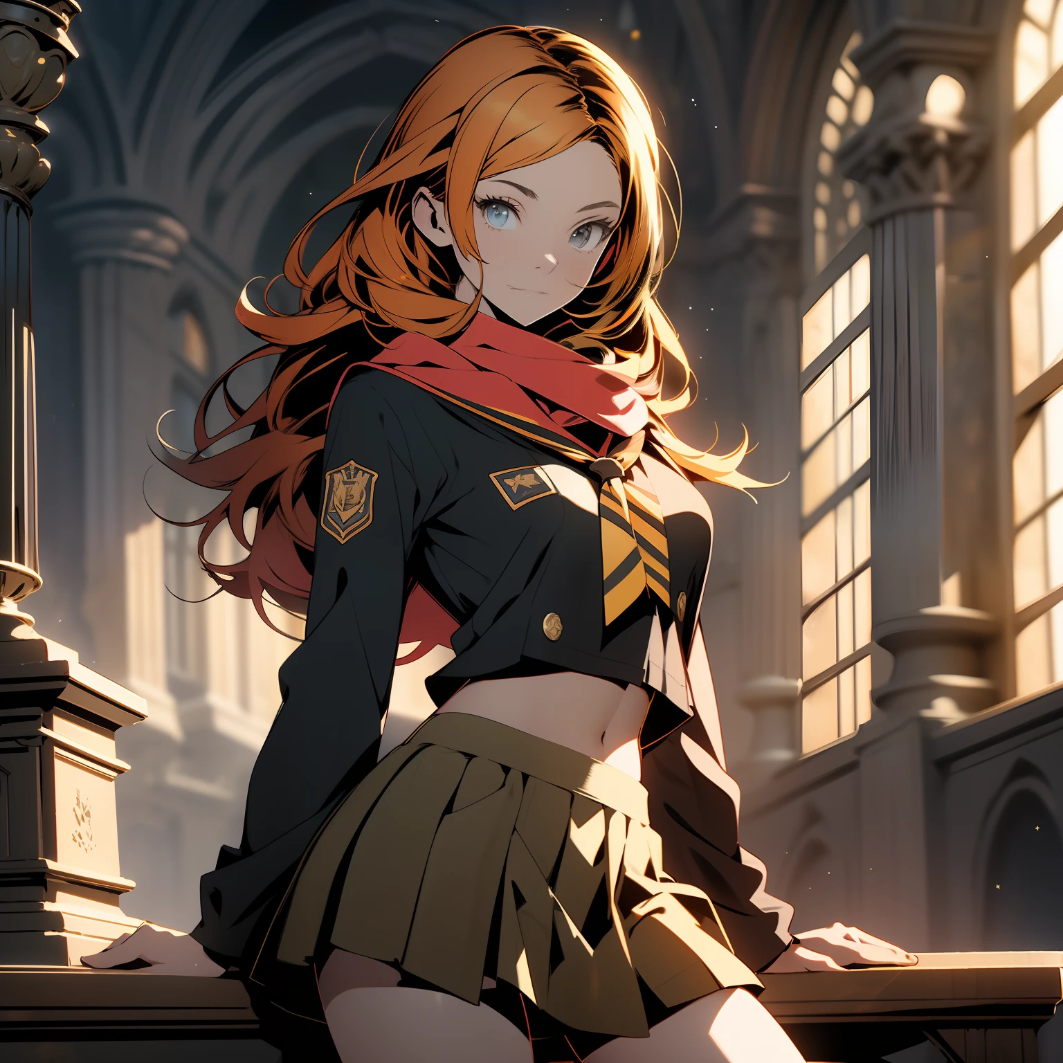 inside Hogwarts, adult, hogwarts school uniform, hufflepuff, yellow and black, red hair, crop top, sexy, 18 years old, medium chest, cowboy shot, (long hair), short skirt, school skirt, scarf