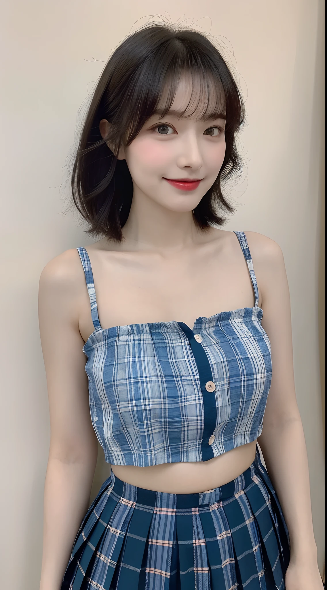 high detal，8K分辨率，超高分辨率，Best image quality，a beauty girl，lipsticks，Love pupils，Peerless beauty，Messy black straight hair，shoulder-length short hair，（Coiled hair）Smooth hair，Intense and beautiful makeup，Exquisite and perfect facial features，the most beautiful big eyes，Be red in the face，Sweet smile，（Wearing a blue lace shirt with buttons，tiese ，Plaid pleated skirt）Open navel，Thin waist，（Full breasts）Get close to the viewer，dynamic angle，Extreme picture quality，Highest accuracy