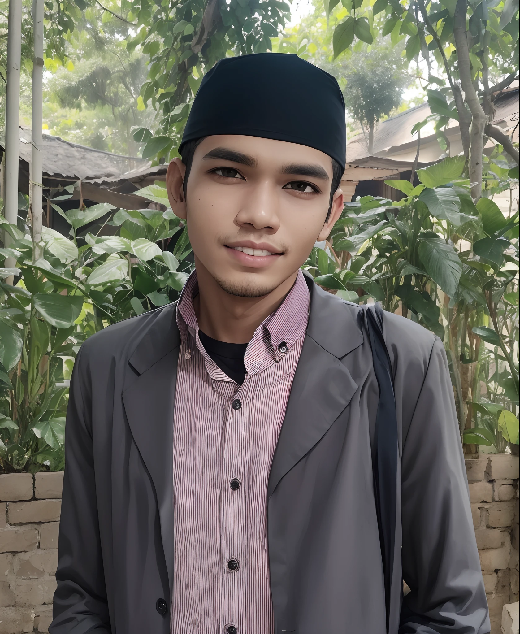 Laki-laki memakai peci hitam, baju jas, Daleman baju merah, Make-up cerah, fotografi detail tinggi, cahaya pipi lembut, pipi berkilau sangat lembut, hidung lembut berkilau, bibir super detail cerah dan berkilau