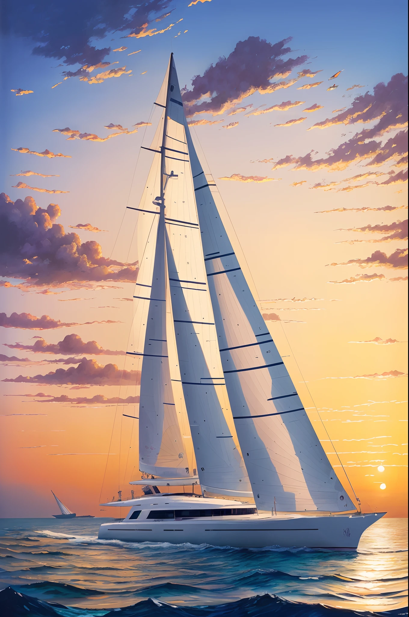 (Best Quality, tmasterpiece:1,1), , sailing yacht, Scarlet evening sunset, Detailed Illustration, grotesque, Complicated details, chilling, (aesthetics), excitement, Hyper-realistic, insanely detailed, ((illustration by Peter-Wileman))