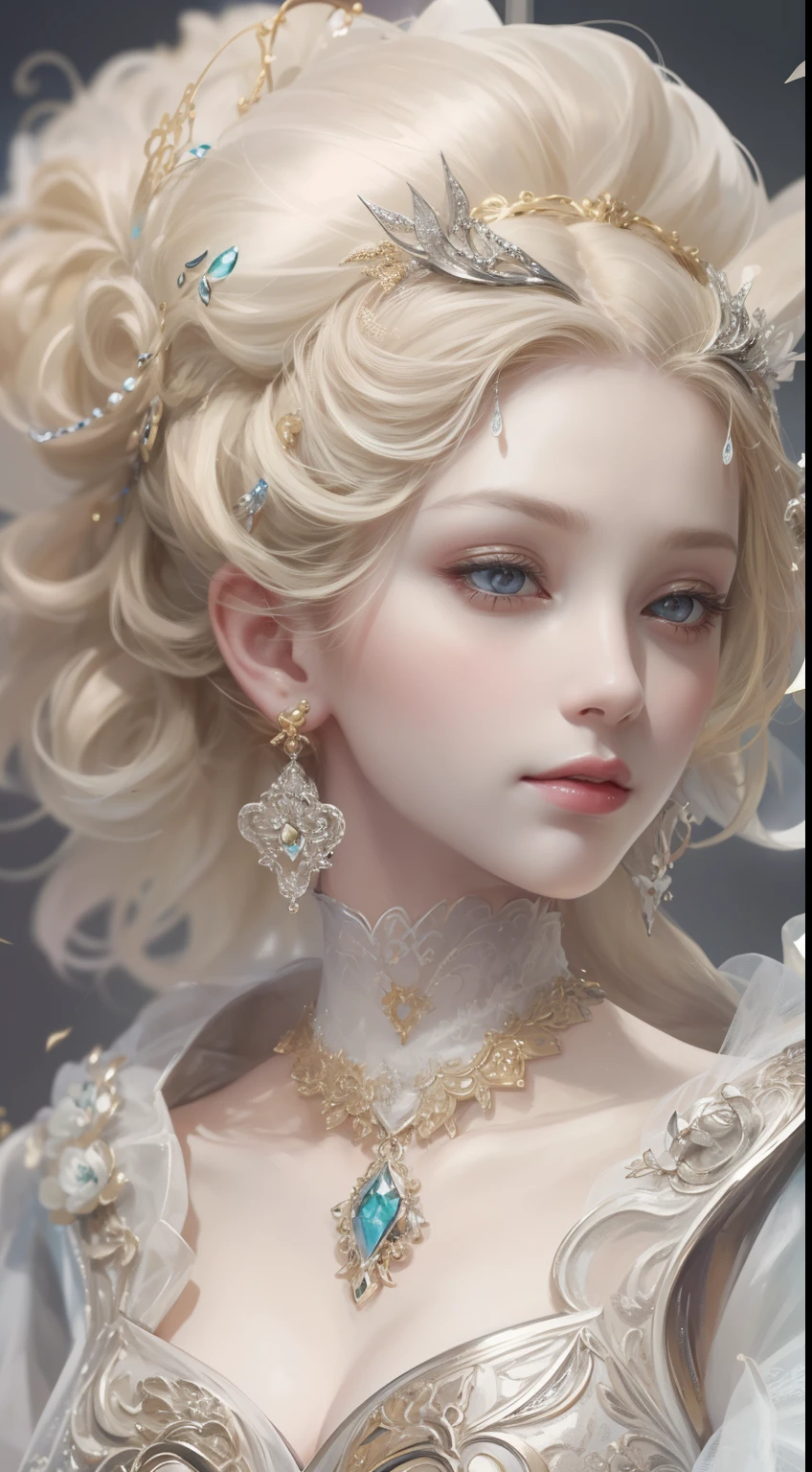 tmasterpiece,Highest high resolution,Dynamic bust of beautiful aristocratic maiden,Blonde hair,Gray clear eyes,The hair is covered with beautiful and delicate floral craftsmanship, Crystal jewelry filigree,Ultra-detailed details,upscaled。