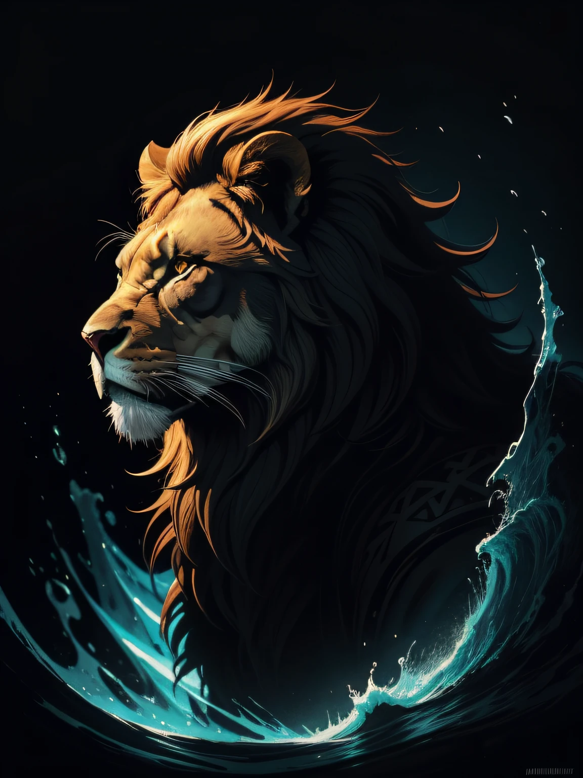 [lion] Heraldic silhouette, logo masking style illustration, by dan mumford, by greg rutkowski, by james jean, black background, mysterious, fantasy art, realistic, majestic, rich vibrant colors, high contrast, seamless water brand, artstation, deviantart, dribble, redbubble, teepublic, sharp focus, simple, hyper detailed, detailed drawing, vectorize, outline, isometric style, 8k."