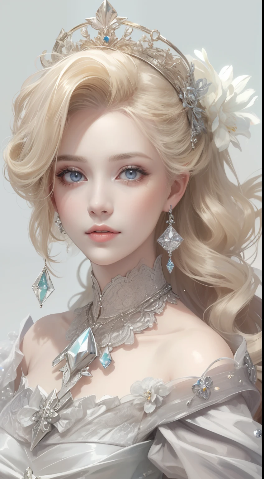 tmasterpiece,Highest high resolution,Dynamic bust of beautiful aristocratic maiden,Blonde hair,Gray clear eyes,The hair is covered with beautiful and delicate floral craftsmanship, Crystal jewelry filigree,Ultra-detailed details,upscaled。