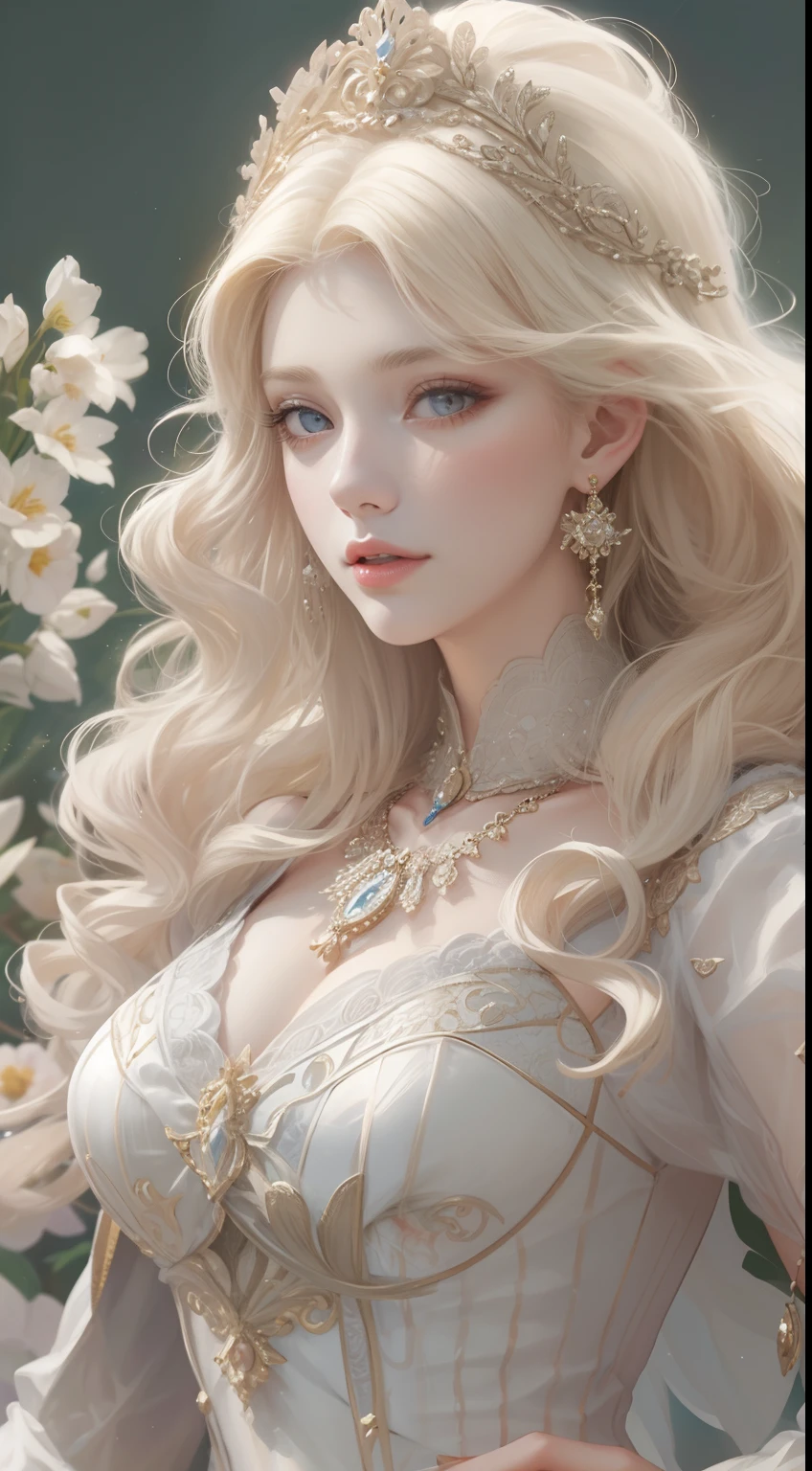 ((masterpiece、highest quality、Very detailed、High resolution、Photorealistic、Sharp focus、Cinema Lighting))、((One Woman、Mid Shot、Focus on the chest up、Face Light))、High contrast、European woman face portrait、In underwear、Long Curly Hair、blonde、Floral frame、Decorative panel、Abstract art、Alphonse Mucha、Color Splash
