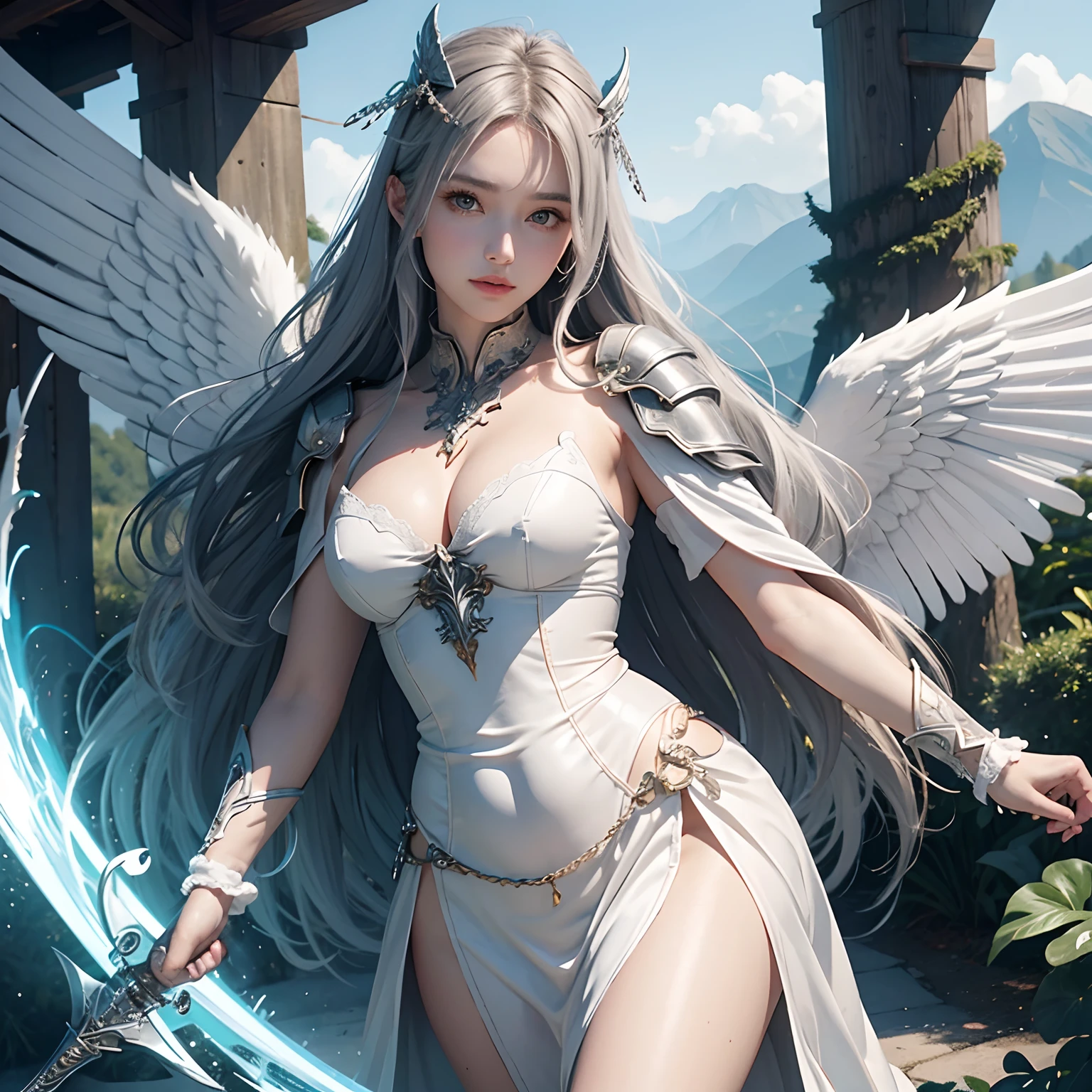 1girl in, 独奏, offcial art, unity 8k wall paper, ultra-detailliert, beautifly、Aesthetic, ​masterpiece, top-quality, Photorealsitic, a female angel、6 white large wings on the back:2.0、Silver armor、Silver Gauntlet and Sollette、White fabric、Hair ornament with small wings、valkyrie、Wide Sword、Circle of Angels Emitting Light、light magic、depth of fields, Fantastic atmosphere, Calm palette,  Soft shading、You can see the forest in the distance、See remote mountain castles、elegent、plump figure、large full breasts、Wide waist、Floating in the air:1.5、Sky over the steppe、You can see the castle on the mountain in the distance