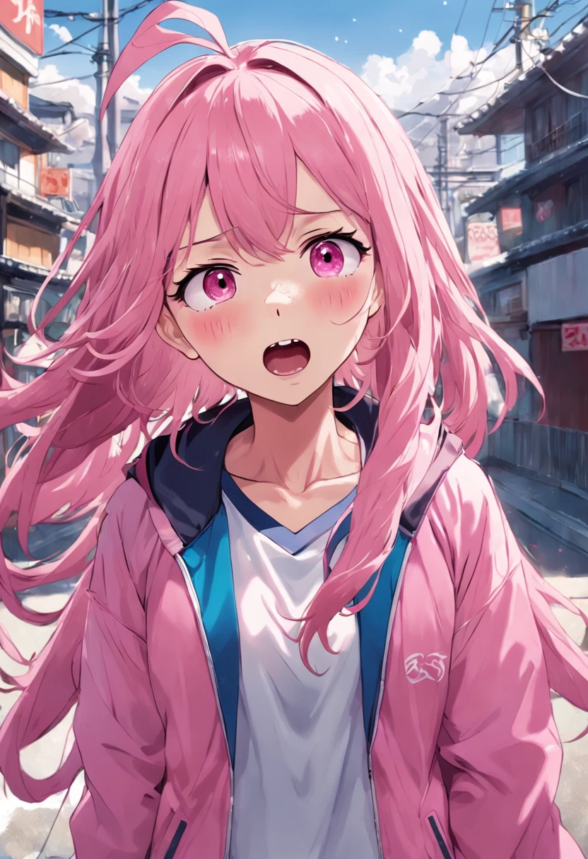 masterpiece, best quality, highres, gotou1, gotou hitori, solo, pink jacket, track jacket, bangs, hair between eyes, long sleeves, (shaded face:1.2), upper_body, wavy mouth, sweatdrop, open mouth, embarrassed, trembling, outdoors,