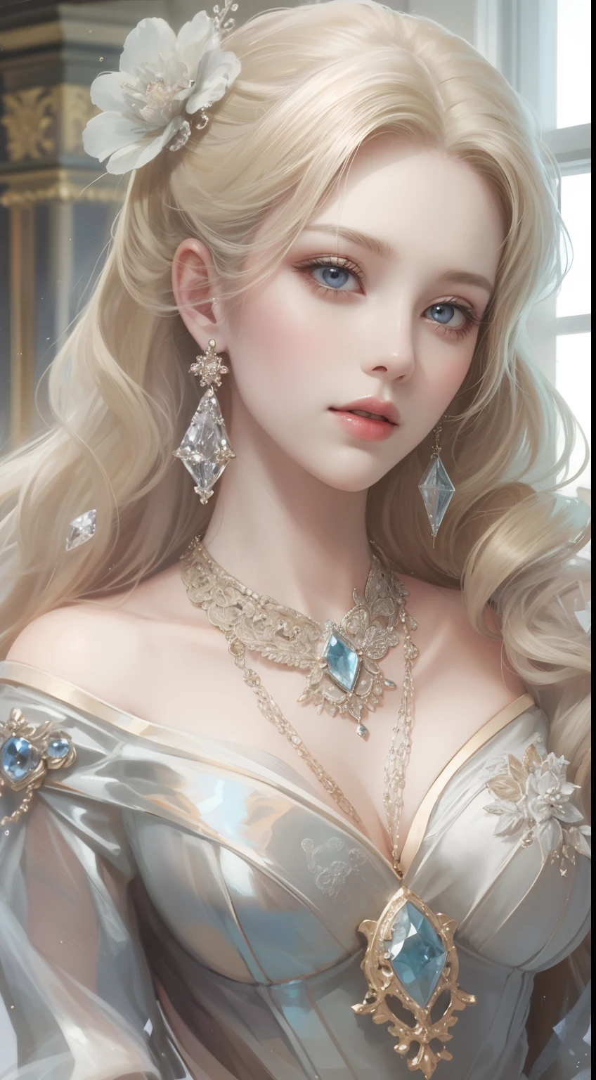 tmasterpiece,Highest high resolution,Dynamic bust of beautiful aristocratic maiden,Blonde hair,Gray clear eyes,The hair is covered with beautiful and delicate floral craftsmanship, Crystal jewelry filigree,Ultra-detailed details,upscaled。