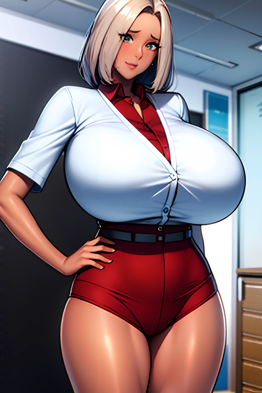 Best quality, Masterpiece, offcial art,extremely detailed CG unity 8k wal，A high resolution, Ultra detailed, A mature woman，aged 40，Mature charm，The charm remains，Raised sexy，Charming，Confused eyes，（Korean manga style），Brave New World，Huge breasts, (brown tanned skin:1.4),cinema shot, Intricate details，Be red in the face，is shy，Short white hair，Bigchest，Sweat，liquids，long leges，Big breasts Thin waist，plumw，Uniform temptation,office room，Professional women