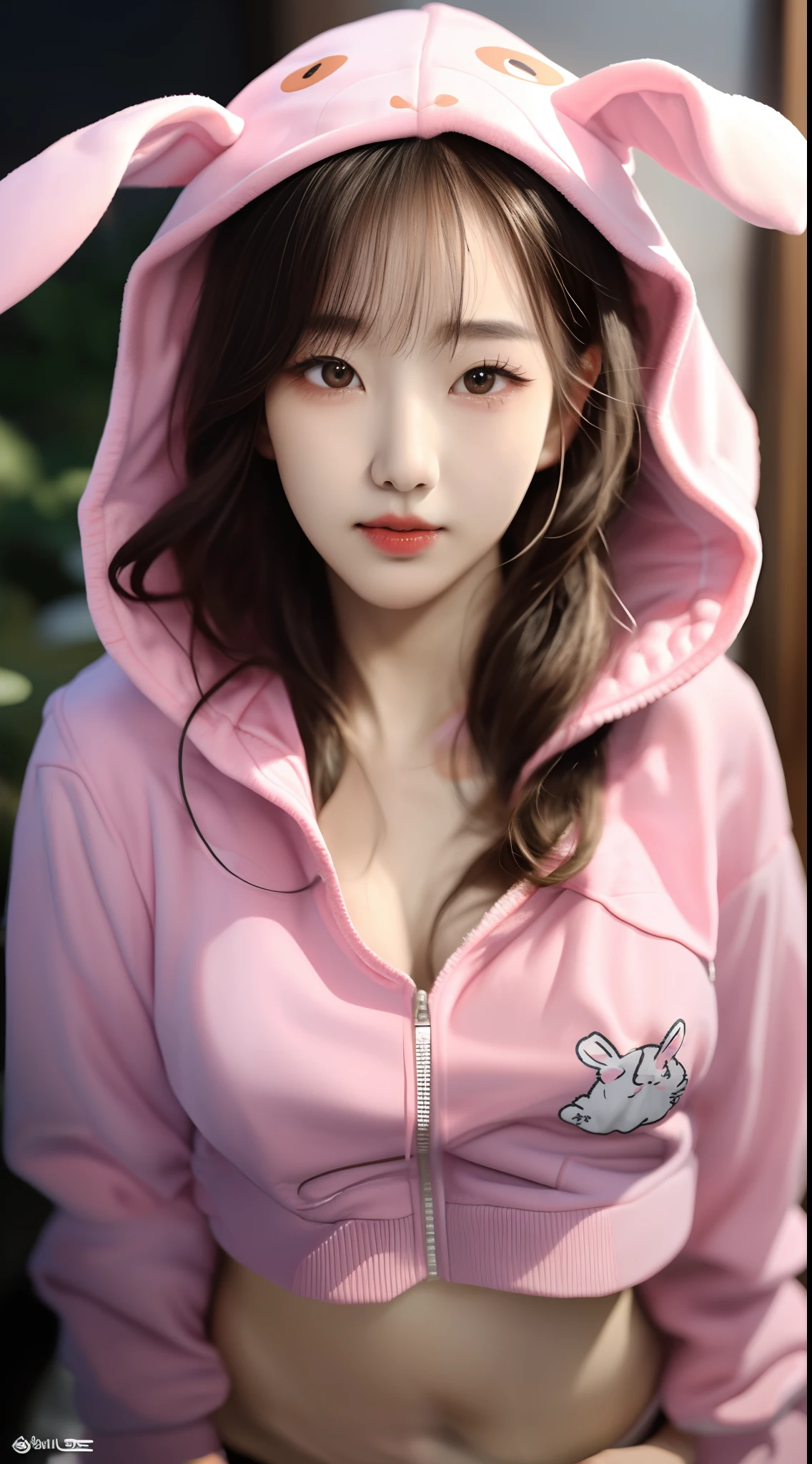 1girl, beautiful Korean girl, (Cute messy Bob hair, flowing hair), (wearing a cropped bunny hoodie:1.5), (light pink lips, small FRONT, toned stomach, eyelashes, (aegyo sal)), immersive background, global illumination, natural lighting, (beautiful detailed eyes, symmetrical eyes), (8k, RAW photo, masterpiece, High detail RAW color photo, highest quality, highly detailed CG unified 8K wallpapers), (best shadow, best illustration), physics-based rendering, high contrast, rich colors,