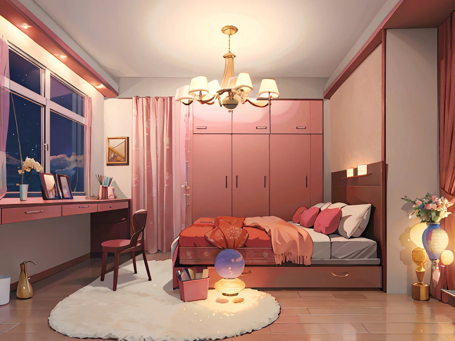 tmasterpiece,best qualtiy,Very detailed CG unity 8K wallpaper,Scenes,Girls' bedroom,hanging lights,Large side bed,vanity table,carpets,窗帘,air conditioner,Study desk