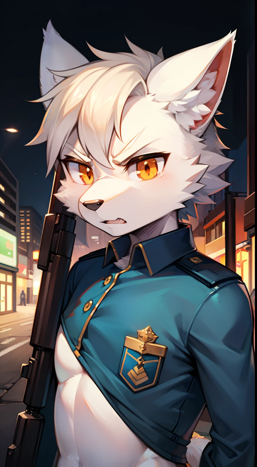 城市，the street，full bodyesbian, Young Wolf, 人物, tmasterpiece，Navy blue police uniform, Furry tail, Highest image quality, 8K, Full HD background，Cartoony，adolable，male people，a plush，Furry，White fur，White body，White ears，Orange-yellow eyes，thick eyebrow，Angry，solo person, Little Wolf Tail, Wolf ears, ((half-body portrait)), Soft lines，Soft lines of clothing，Hold the gun