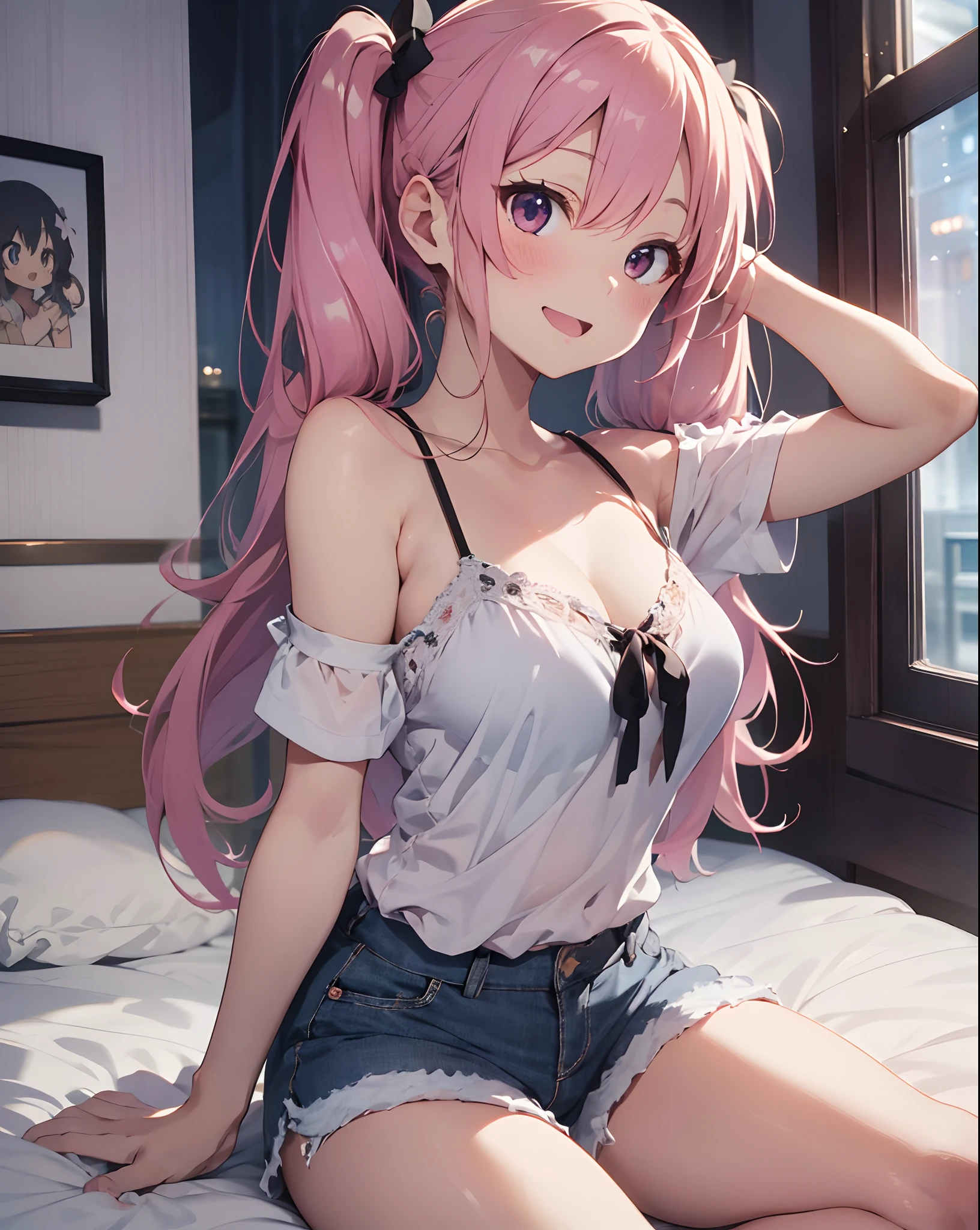 ((masutepiece)), ((Best Quality)), (Very detailed), Real from Thailand,8K,pixiv top quality,Potato,((Low twintail))、Pink hair、Very long hair、Amae Face、Relax Smile,Open mouth, Cute,
Bedroom at night、White Backless Camisole、Blue shorts、 Teenage, medium boobs,
on the beds、（natta）