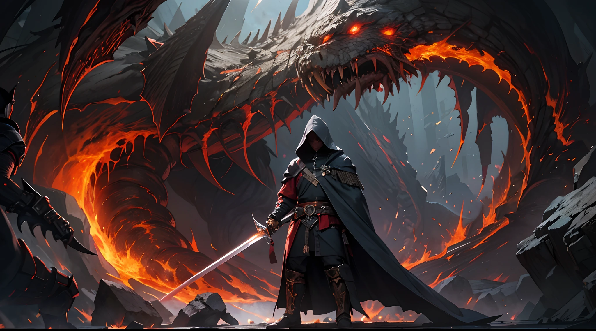 ultra detailed, beautiful and aesthetic, beautiful, masterpiece , mystery , atmospheric , fantastic , supernatural , best quality , cavern , 1 man , 1 demonic monster , very big monster , man killing monster , man has long black hooded robe , he can use magic , monster has very big horn , monster breathe make fire , man has big shining sword , fantasy sword , 4 little monster around the big monster , magma around battlefield , battlefield is in cavern , whole cavern on fire , man's sword is glowing , may cliff and rock in cavern , cavern on fire , (ultra detailed cavern) , (ultra detailed magma) , (ultra detailed man's face) , (ultra detailed sword) , (ultra detailed monster)