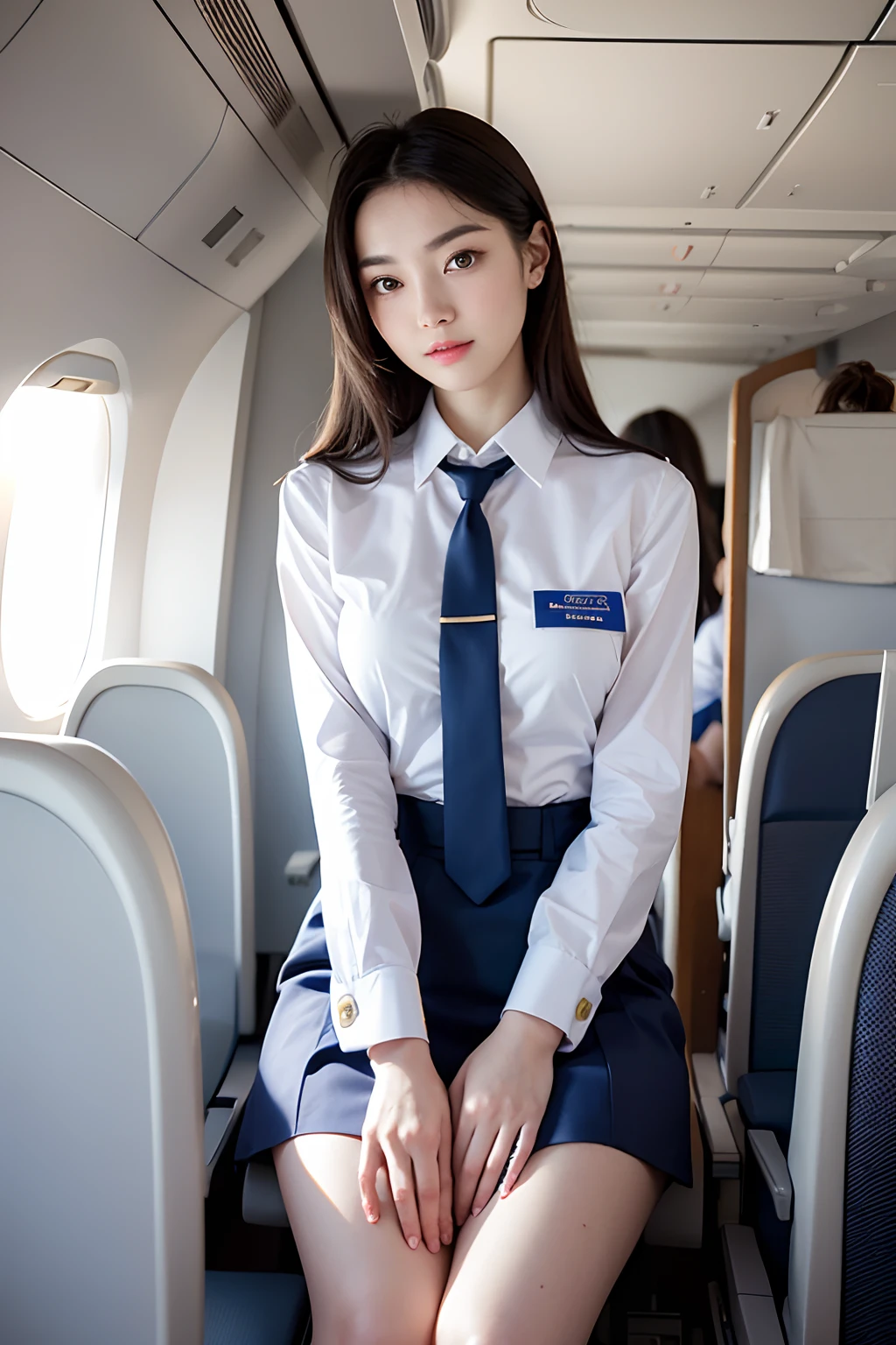 Top Quality, Masterpiece, 8K, Ultra High Definition, (Photorealistic: 1.4), 1 Girl, Beautiful Face, Symmetrical Eyes, Big, Perfect Body Proportions, Stewardess Uniform, Viewer's Look, (Inside the Airplane: 1.2), Front View, Shoulder Jump, Absolute Area (1.3),