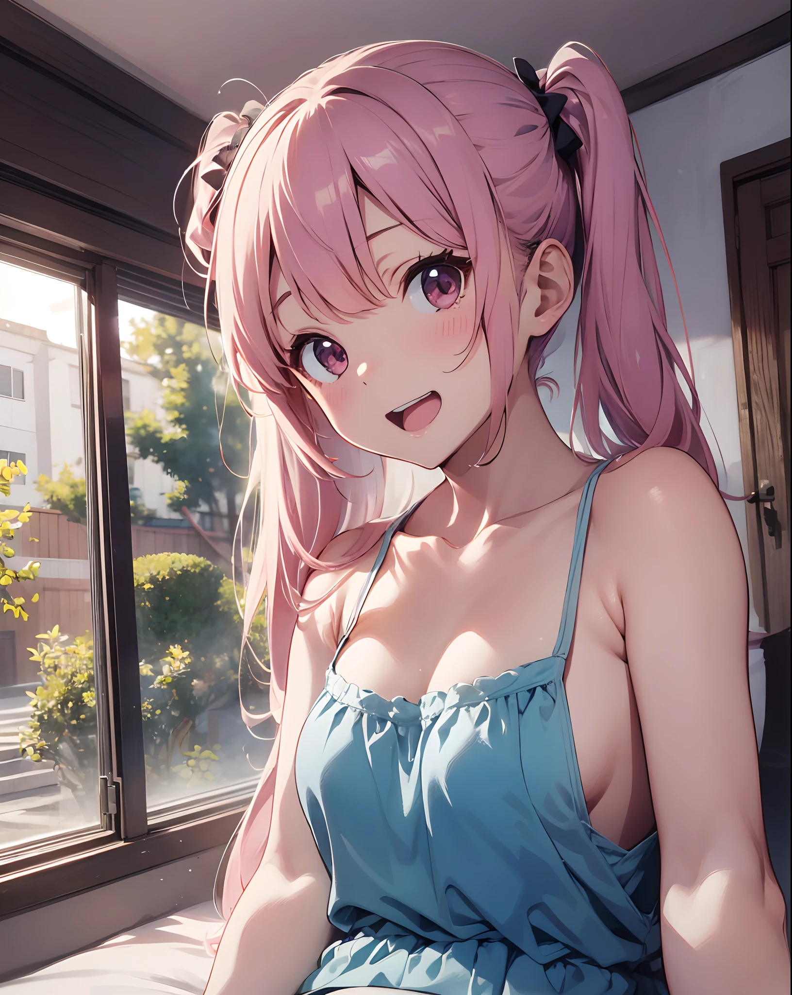 ((masutepiece)), ((Best Quality)), (Very detailed), Real from Thailand,8K,pixiv top quality,Potato,((Low twintail))、Pink hair、Very long hair、Amae Face、Relax Smile,Open mouth, Cute,
Bedroom at night、White Backless Camisole、Blue shorts、 age, medium boobs,
on the beds、(natta)