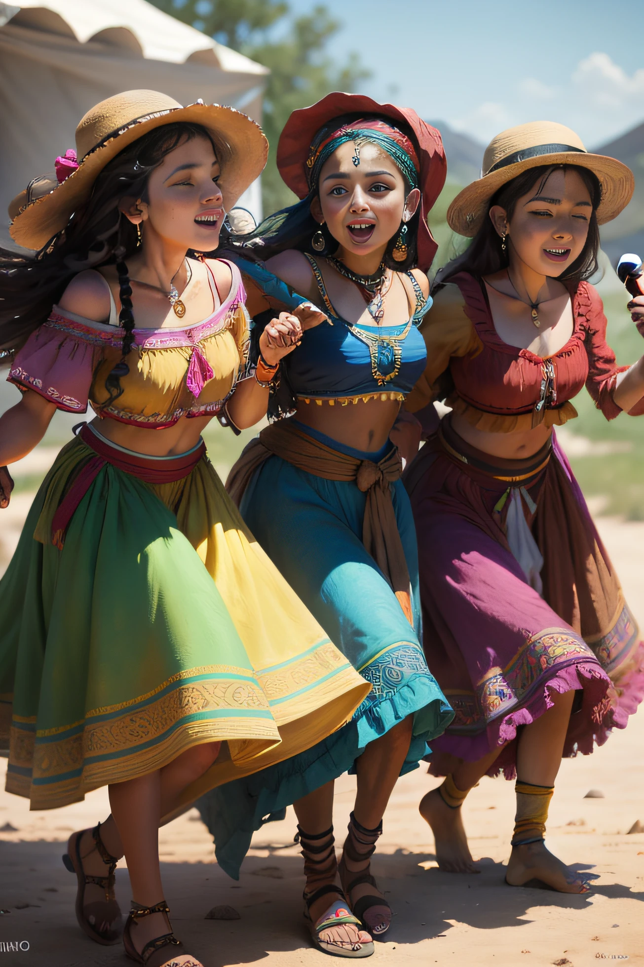 A group of gypsy girls,Wear colorful clothes,Dance and sing around the camp,8K,oil painted,k hd