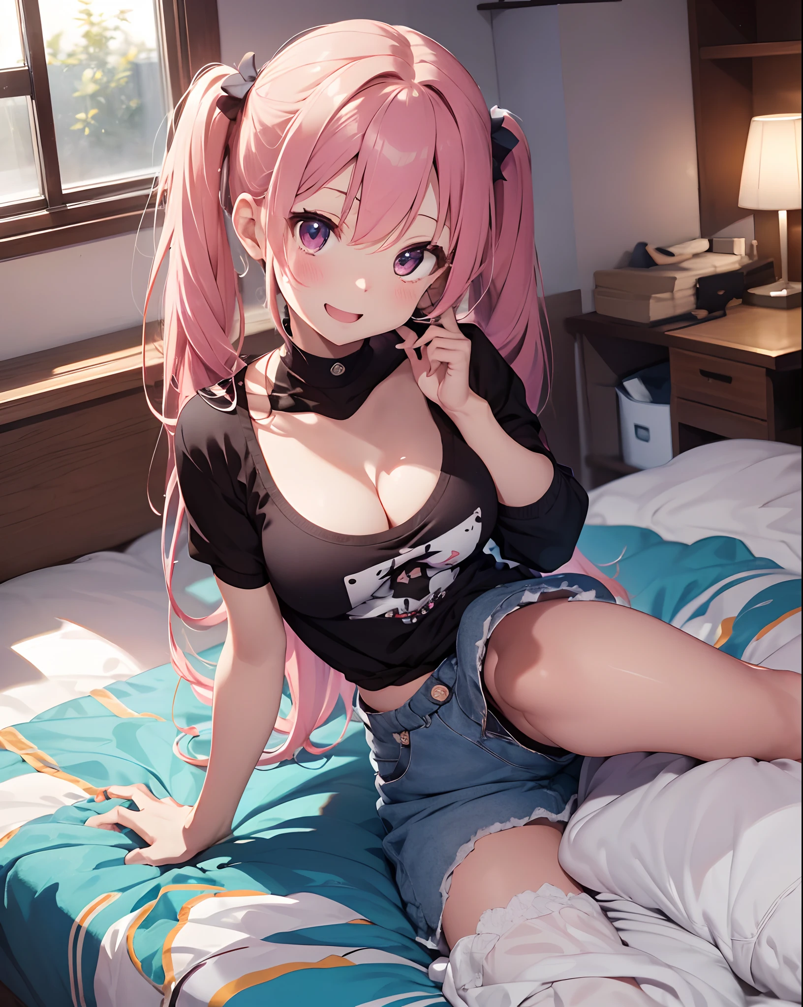 ((masutepiece)), ((Best Quality)), (Very detailed), Real from Thailand,8K,pixiv top quality,Potato,((Low twintail))、Pink hair、Very long hair、Amae Face、Relax Smile,Open mouth, Cute,
Bedroom at night、White Backless Camisole、Blue shorts、 Teenage, medium boobs,
on the beds、(natta)