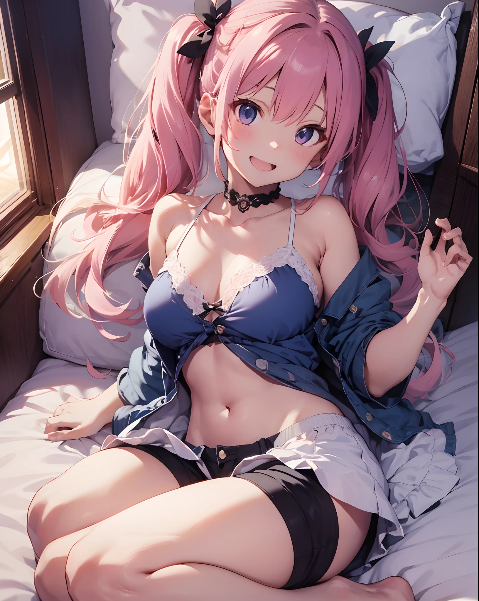 ((masutepiece)), ((Best Quality)), (Very detailed), Real from Thailand,8K,pixiv top quality,Potato,((Low twintail))、Pink hair、Very long hair、Amae Face、Relax Smile,Open mouth, Cute,
Bedroom at night、White Backless Camisole、Blue shorts、 Teenage, medium boobs,
on the beds、（natta）