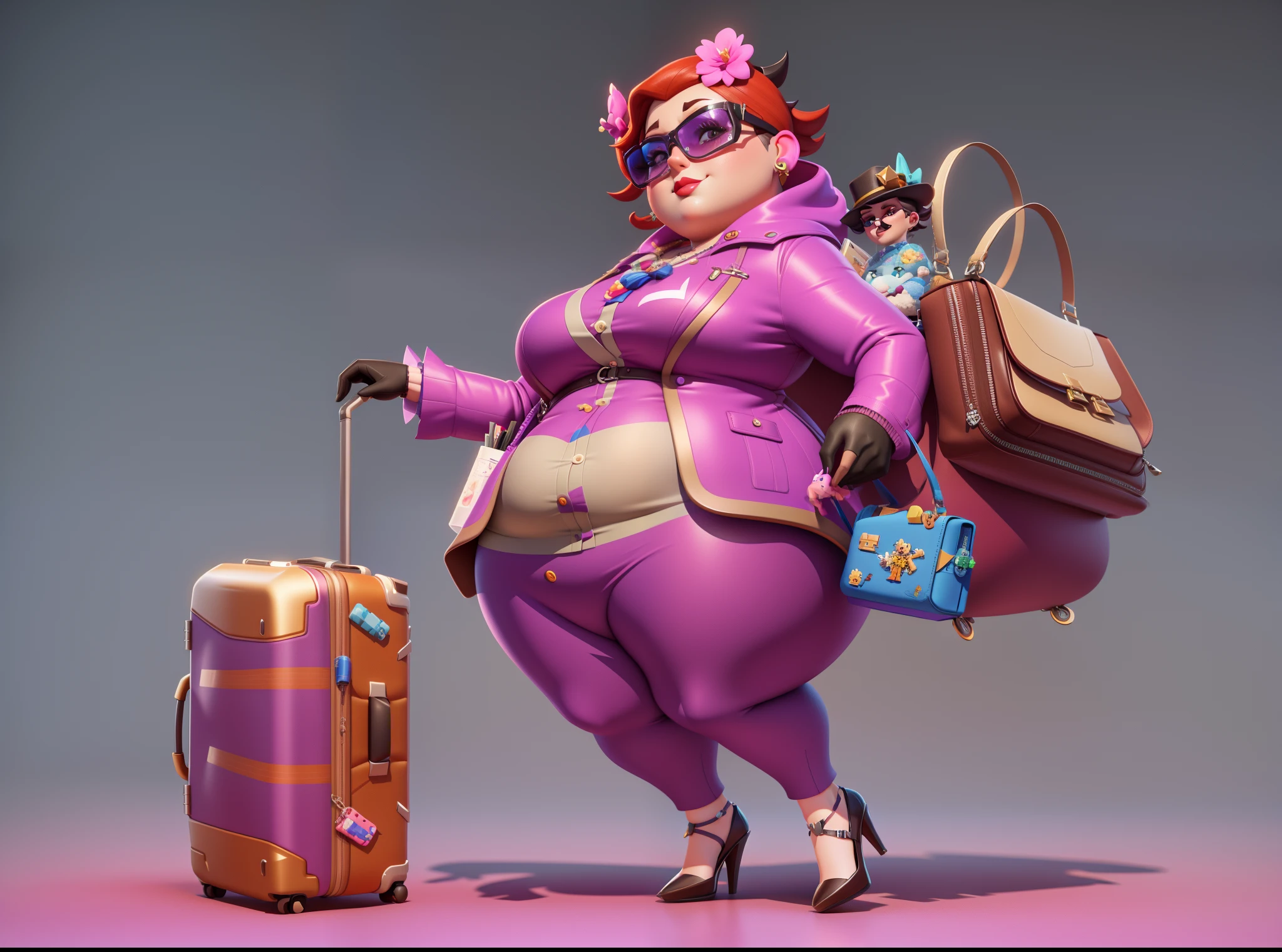 Cartoon illustration of fat woman with suitcase and handbag, 3d rendering stylized, character design contest winner, rolands zilvinskis 3d render art, 3 d character concept artwork, Very stylized character design, stylized character design, 3 d character art, overwatch character, overwatch character concept art, 3 d render character art 8 k