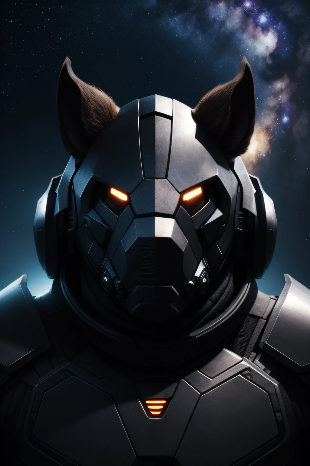 scifi-wild boar, human-body, wild boar-face, black-armor, galaxy-background, cool