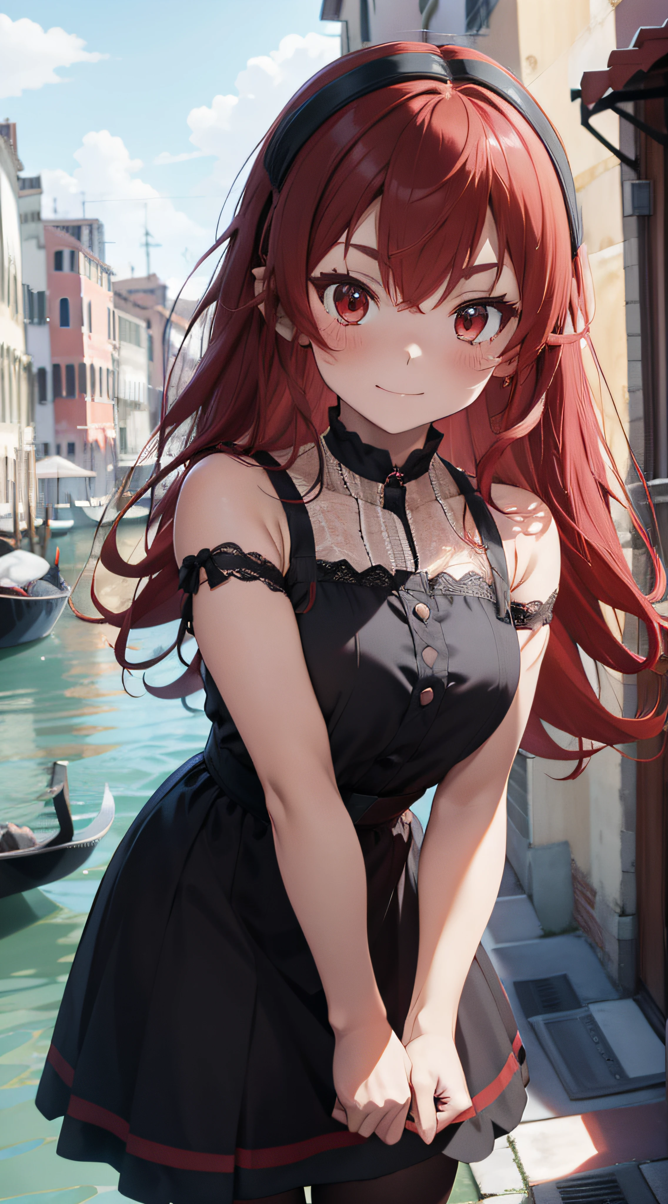 anime girl, lonely, red hair, happy, look at the viewer, Italy, Venice, serene, gothic dress, Women Plaid Lace Up One Shoulder Dress