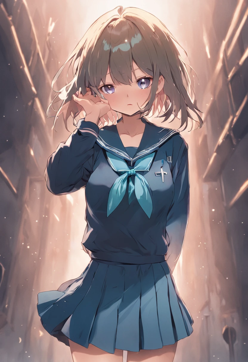 Masterpiece, Best quality, A high resolution, gotou1, gotou hitori, Solo, Skirt, uniform, school, Sailor collar, bangs, hair between eye, shaded face, Wavy_Mouth, deactivated_Mouth, Cowboy shot, standing, Embarrassed, Surprised, Hands down