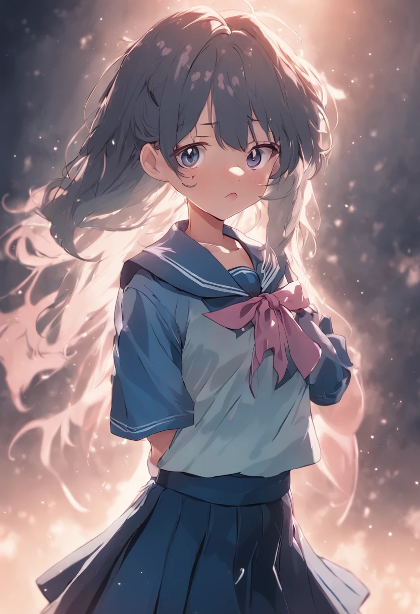 Masterpiece, Best quality, A high resolution, gotou1, gotou hitori, Solo, Skirt, uniform, school, Sailor collar, bangs, hair between eye, shaded face, Wavy_Mouth, deactivated_Mouth, Cowboy shot, standing, Embarrassed, Surprised, Hands down