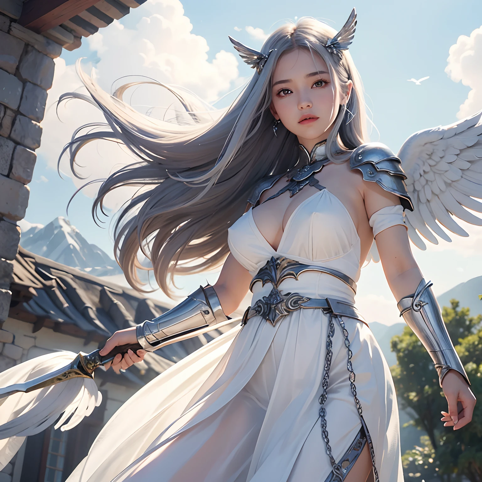 1girl in, 独奏, offcial art, unity 8k wall paper, ultra-detailliert, beautifly、Aesthetic, ​masterpiece, top-quality, Photorealsitic, a female angel、6 white large wings on the back:2.0、Wings of a bird of prey、Blazing Angel、Silver armor:2.0、Silver Gauntlet、Silver Sollet、White fabric、Hair ornament with small wings、valkyrie、Very large wide sword、Circle of Angels Emitting Light、Angel Halo:2.0、light magic、depth of fields, Fantastic atmosphere, Calm palette,  Soft shading、You can see the forest in the distance、See remote mountain castles、elegent、Full body like、plump figure、large full breasts、Wide waist、Floating in the air:2.0、Flying in the sky:2.0、Fry high in the air、Sky over the steppe、You can see the castle on the mountain in the distance