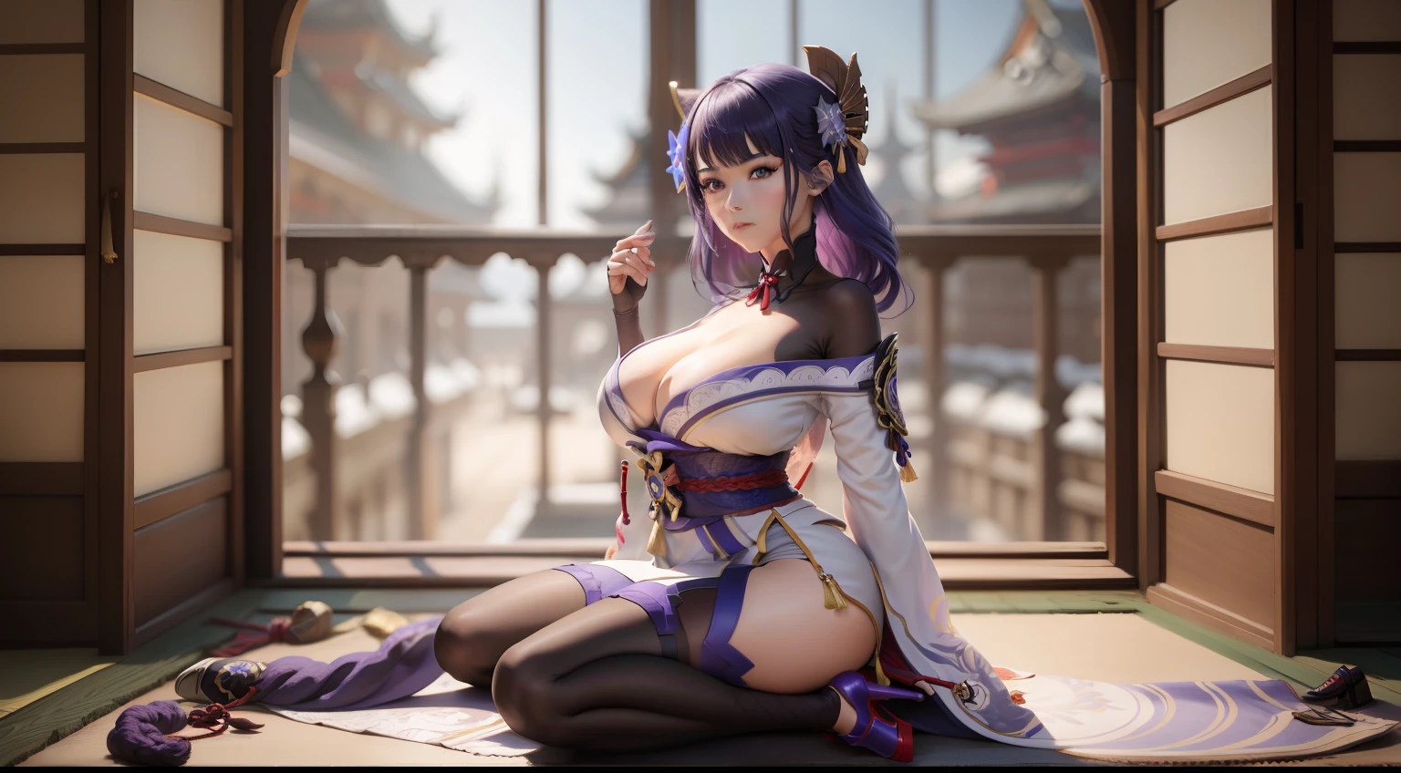 Genshin Impact,Raiden Shogun,Sexy figure,full bodyesbian,Charming,High heels,In the castle tower