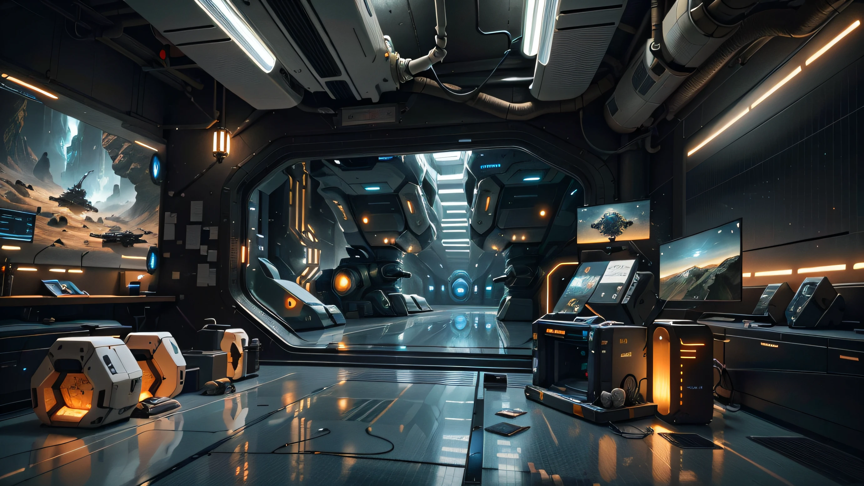 There is a room with lots of windows and a hacker code monitor, inside a futuristic army base,There are sealed bullet arm boxes on the ground, Ultra detailed concept art, Detailed 4K concept art, high-quality concept art, highly detailed concept art, detailed spaceship interior, pristine concept art, space station interior, detailed sci - fi backgrounds, mass effect concept art, sci - fi interior, concept art artwork masterpiece((Masterpiece)),(((Best quality))),(Epic dramatic moments),