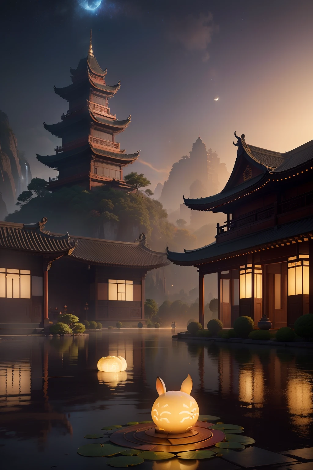 waterface，lotuses，Chinese style buildings，Big-eared furry rabbit，adolable，Mid-Autumn Festival atmosphere，，Starry sky at night，( Global illumination, Ray traching, hdr, unreal render, reasonable design, high detal, Masterpiece, Best quality, hyper HD, Cinematic lighting)