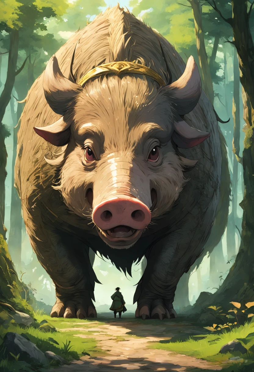 This is a surreal 32K China、Portrait of the mythical beast wild boar,Capture every pore and texture with delicate texture and form,A huge wild boar with golden stripes,Pig's Nose,Contrast with the surrounding landscape,((Super massive)),green color,In the background are the sky,huge tusks,Unreal Engine5,Dreamy scenes,Shocking。Refer to Stephen Chow's movie《Journey to the West》