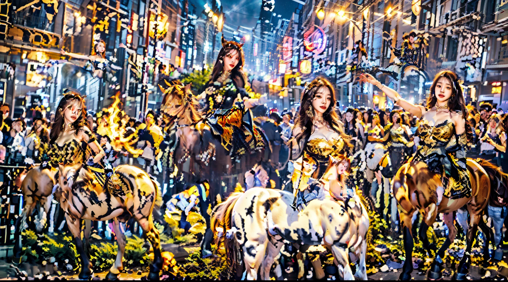 In this beautiful illustration，Eight unique female centaur characters are shown，They all have their own characteristics，Vivid and interesting。Radiant angelic centaurs from the heavenly realm，To the hellish centaurs surrounded by nightmarish flames，And then to the Wind Immortal Centaur dancing in the air，Unicorn centaur surrounded by lightning，Mechanical centaur in mechanical style，Dragon centaurs，Elf centaurs，Tiflin centaurs，Each character has their own unique charms and abilities。The illustration uses advanced artistic techniques and tools，Divide the scene into sections by geometric arrangement，Each section corresponds to a centaur character，This makes more efficient use of space。Through Midjourney's advanced brush tools、Color palette、Material packs and model packs，Exquisite costumes and equipment are designed for each centaur，Enhances the character's personality and visual appeal。The scenery in the illustrations is stunning，There are changing skies、rainbowing、extreme light、Stars and Moon。Incorporating iconic landmarks such as Mount Everest，and fireworks、tranquil lake、Natural and urban elements of waves and neon lights，Creates a magical atmosphere。The centaurs showed off their skills and equipment in a variety of environments，This is true even in extreme alien landscapes。Midjourney's tools make depicting details vivid and realistic，From intricate hairstyles and clothing to authentic textures，Enhances the realism of the characters and surroundings。The fusion of multiple art styles adds movement to the centaur's movement at all angles，The overall visual experience is further enriched。The final illustration was described as a "masterpiece"，It has the characteristics of "best quality" and "realistic"，The details put into the creative process are shown、Level of creativity and craftsmanship。Ultra-grand scenes，super wide shot， hdr，（真实感，Masterpiece quality，best qualtiy）