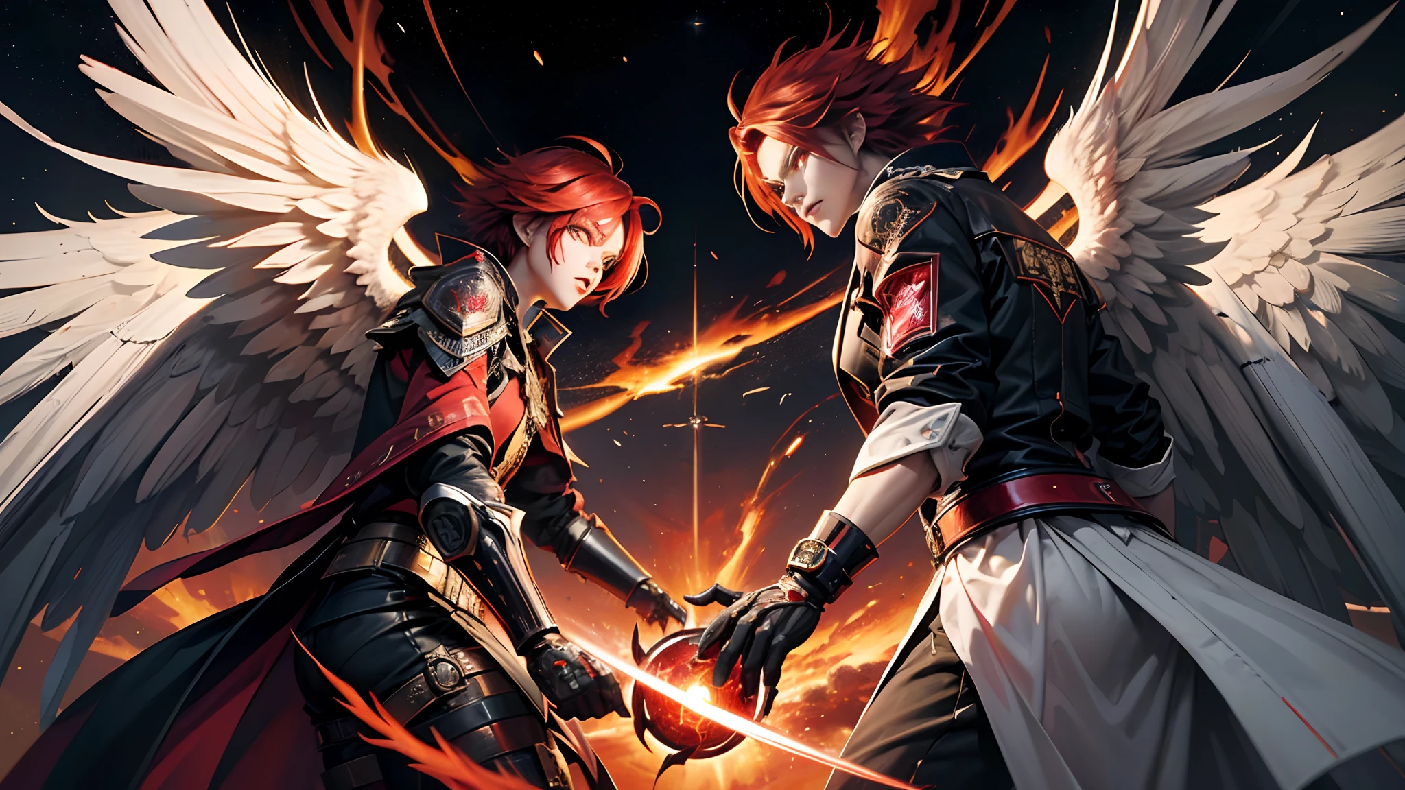 8K分辨率,tmasterpiece,Master composition,In the universe,(On the left is the demon projection,Black wings,red eyes,red hair),(On the right is the angel projection,Yellow eyes,White hair),shock,Magic picture,Domineering,Angrily glared,cyber punk perssonage