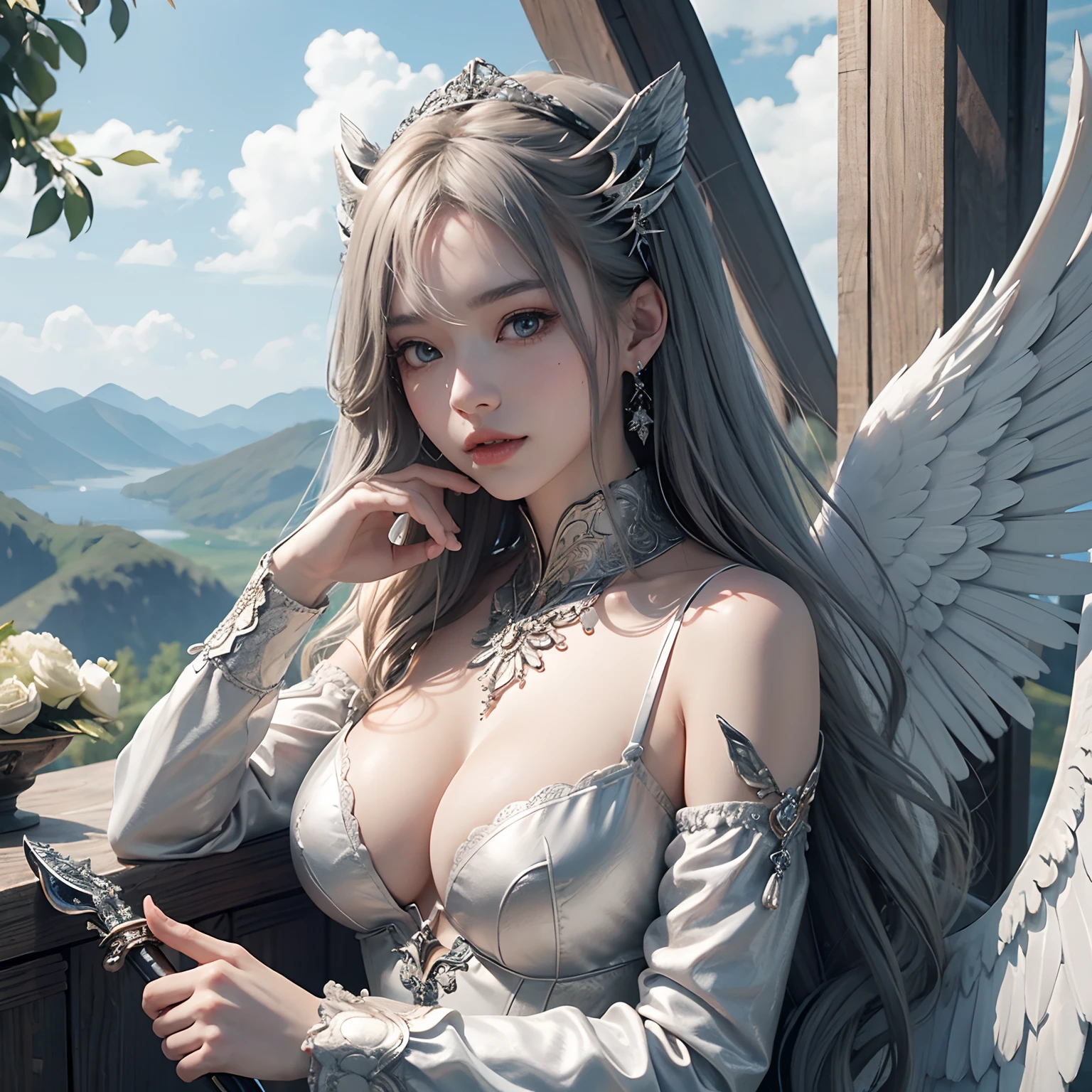 1girl in, 独奏, offcial art, unity 8k wall paper, ultra-detailliert, beautifly、Aesthetic, ​masterpiece, top-quality, Photorealsitic, Female angel in her 20s、3 pairs of large wings、3 pairs of white large wings on the back,,,:2.0、powerful wings、Seraph、Silver armor covering the whole body:2.0、Silver Gauntlet、Silver Sollet、Lion emblem、Hair ornament with small wings、Luxurious ornamental spear、big weapon、Circle of Angels Emitting Light、Angel Halo:2.0、light magic、depth of fields, Fantastic atmosphere, Calm palette,  Soft shading、You can see the forest in the distance、elegent、Full body like、Plump、very large breast、Wide waist、Floating in the air:2.0、Flying in the sky:2.0、Fry high in the air、Sky over the steppe、You can see the castle on the mountain in the distance、Sky garden