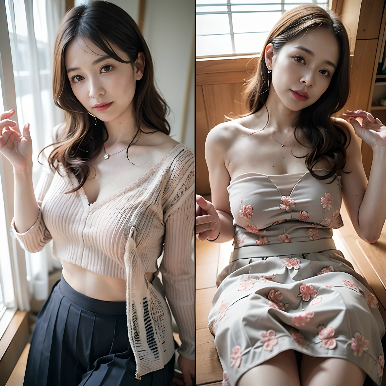 onoff,Two angles:1.5, 2 screens:1.5, 2 photos、Separate screens:1.5, ((Same 1 person:1.5)), (Clothed vs. naked:1.2), surrealistic, ((masterpiece:1.4、top-quality))、(photographrealistic:1.4)、profetional lighting、physically-based renderingt、Very cute、extremely detailed eye and face、Eyes in Beautiful Details、(Beautiful japanese woman:1.05)、sface focus、nsfw:1.5, ((Best Quality, 8k, Masterpiece: 1.3)), Photorealistic, Sharp Focus, High Quality, High Definition, Portrait, Solo, Japan, Beautiful MILF, Middle Aged Woman, Beauty, (((naked:1.5))), 40 years old, Plump, Wavy Hair, neat and clean clothes, white Shirt, Long skirt, Mature woman's nipple, Wrinkles, Slightly saggy boobs:1.2,Full body ,Beautiful girl panties, ((Same skirt:1.5, Same panties:1.5、Same person:1.5))、Cowboy Shot,natural light:1.0
