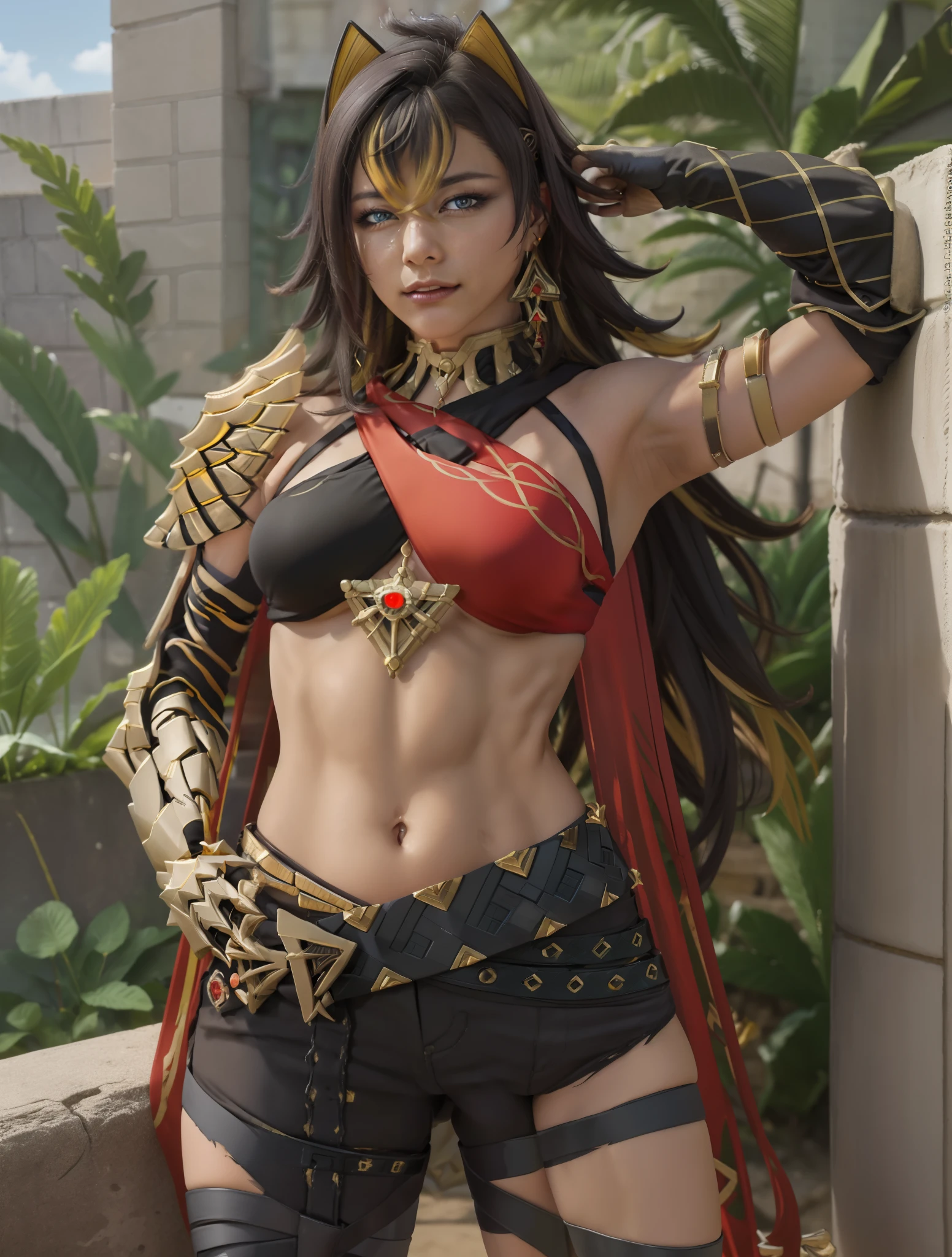 ((masutepiece)), (Best Quality:1.7), (Detailed:1.4), (hight resolution:1.4), 8K, (Colorful:1.5), 2D, High resolution, Sharp Images, Raw photo, Dehya_Genshin, 1girl in, (((Solo))), Black hair, Long hair, Blue eyes, Smile, middle body, Big breasts, Blonde bangs, Cat ears, ((middle body)), Black pants, Shirt,Torn clothes, Cowboy Shot, (((Jewelry))), Black Gloves, (((armor))), thighs thighs thighs thighs, 鎖骨, Official Custom Rep, Armor Choker, A desert, cleavage, Parted lips, striated hair, Midriff, Hair intake, dark skinned female, halterneck, armlet, Black Gloves, ((criss-cross halter)), Torn clothes, Belt bag, Red Nails, nail polish, (((Armor Armlet))), fingerless glove, Two-tone breasted, ((thighs thighs thighs thighs)), angry, Serious, closes mouth, Narrow eyes, eye line, ((Looking at Viewer)), Red chest, ((Bare legs)), Sunset, Gloves with claws, hand on own hip, (((shoulder armer))), Armor Bracelet, Belt Armor, (earrings), Gold Chain, ornaments, ((Partial blonde hair)),