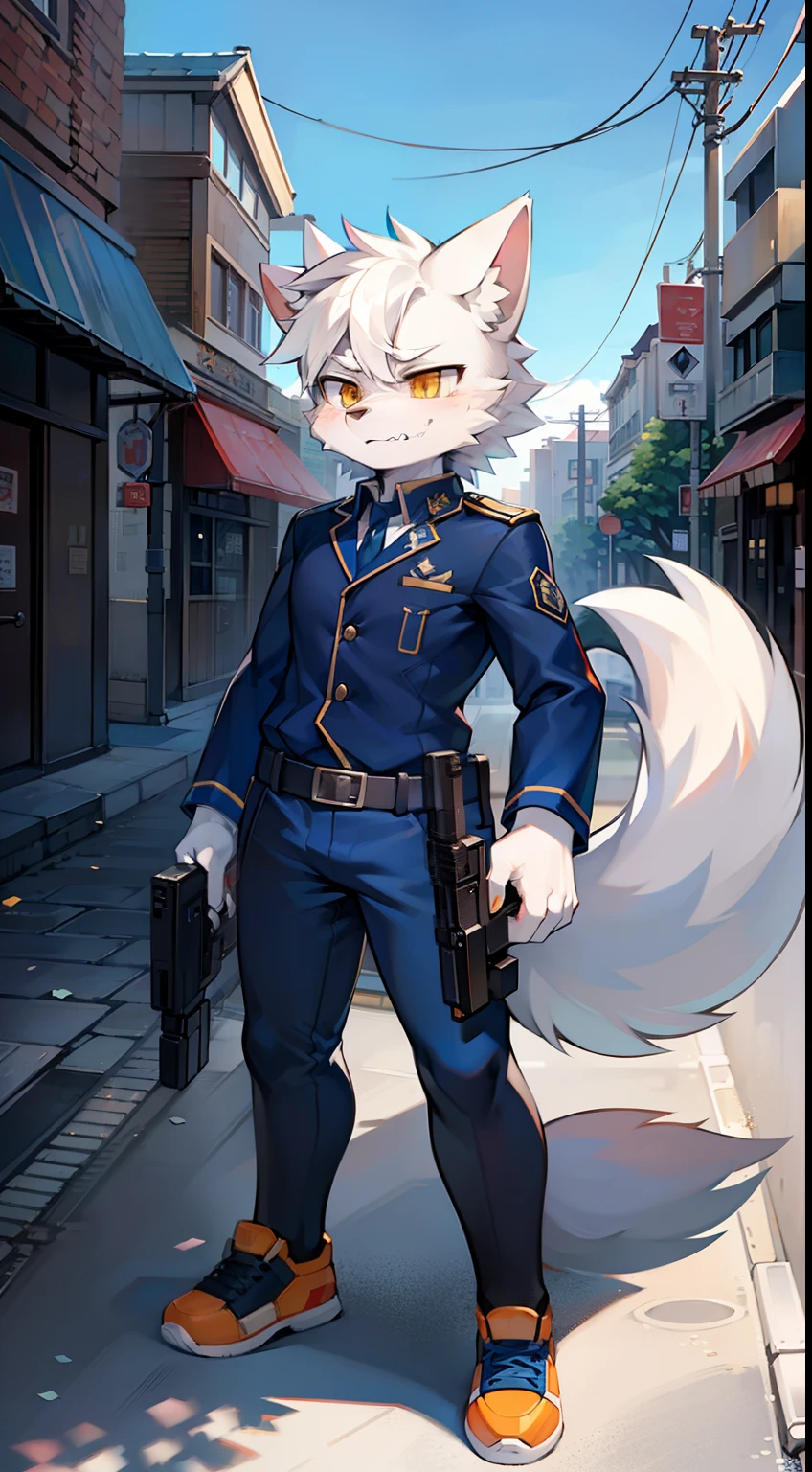 城市，the street，full bodyesbian, Young Wolf, 人物, tmasterpiece，Navy blue police uniform, Furry tail, Highest image quality, 8K, Full HD background，Cartoony，adolable，male people，a plush，Furry，White fur，White body，White ears，Orange-yellow eyes，thick eyebrow，Angry，solo person, Little Wolf Tail, Wolf ears, ((full-body portraits)), Soft lines，Soft lines of clothing，Hold the gun