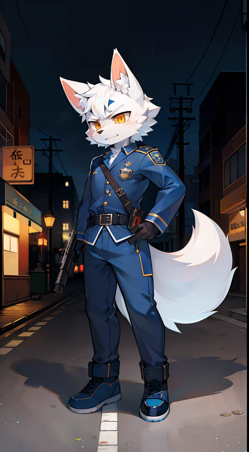 城市，the street，full bodyesbian, Young Wolf, 人物, tmasterpiece，Navy blue police uniform, Furry tail, Highest image quality, 8K, Full HD background，Cartoony，adolable，male people，a plush，Furry，White fur，White body，White ears，Orange-yellow eyes，thick eyebrow，Angry，solo person, Little Wolf Tail, Wolf ears, ((full-body portraits)), Soft lines，Soft lines of clothing，Hold the gun