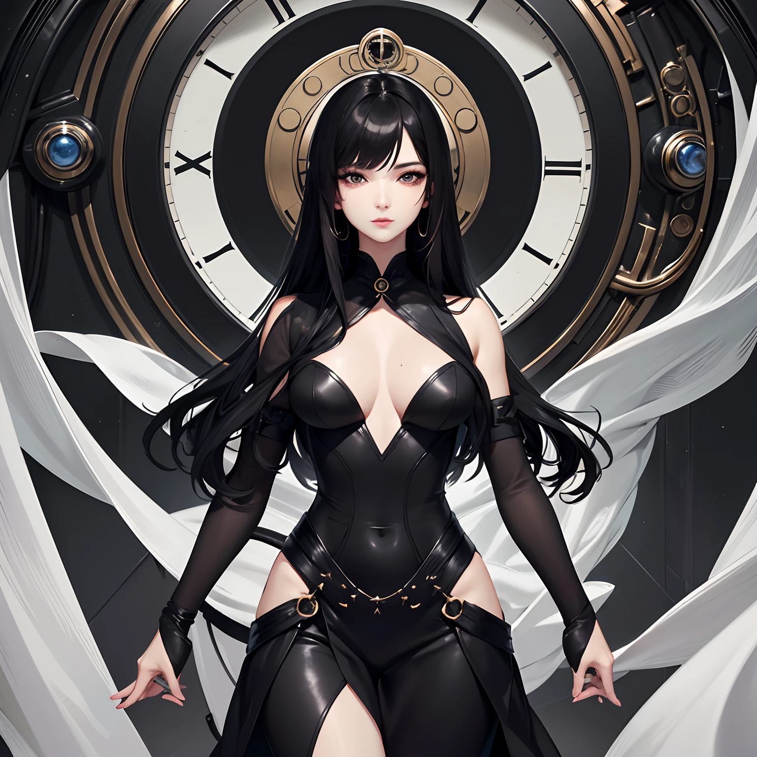 masterpiece、top-quality、hight resolution、High-quality images、8K、1womanl、detaileds、Detailed eye depiction、skin gloss、Lustrous black hair、Monochrome grayscale、Lisa、portlate、android、Built-in clock on body surface