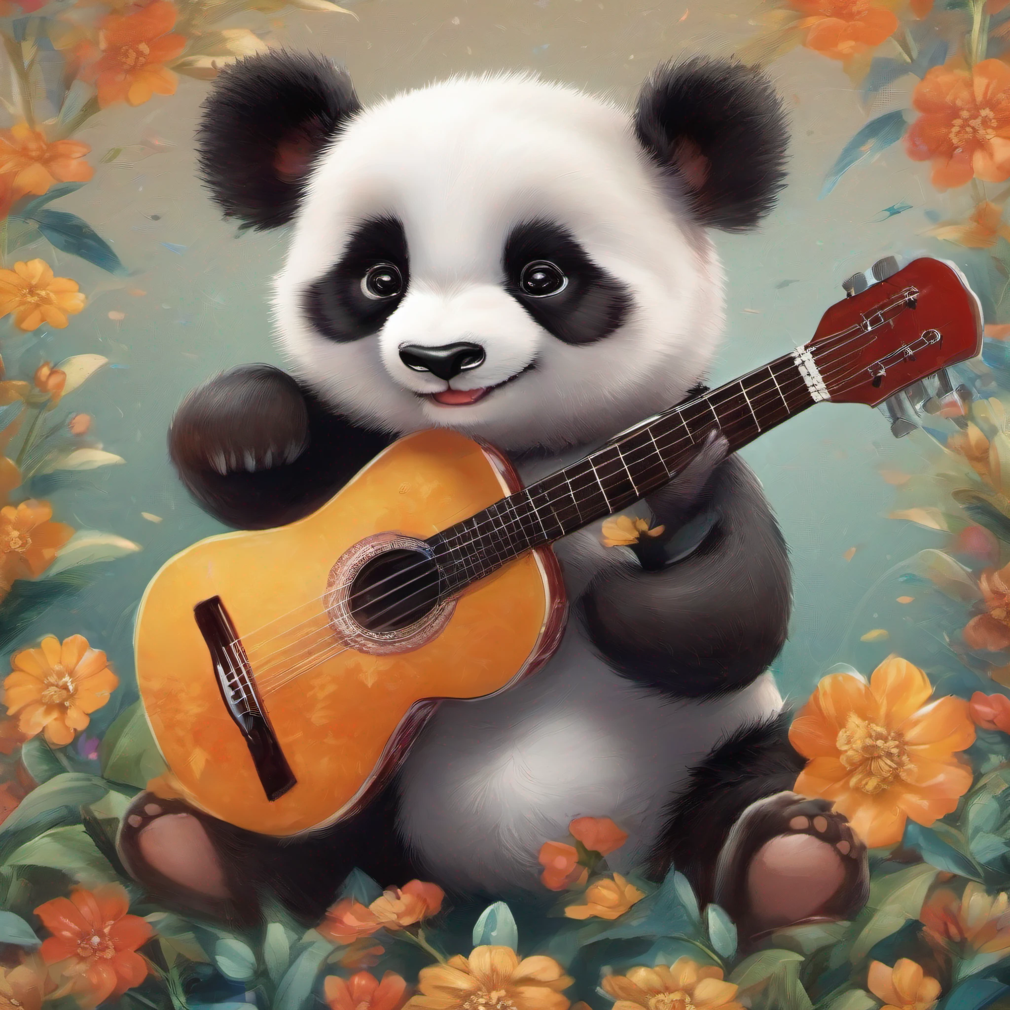 (Masterpiece), (intriciate detail), Cute panda playing guitar