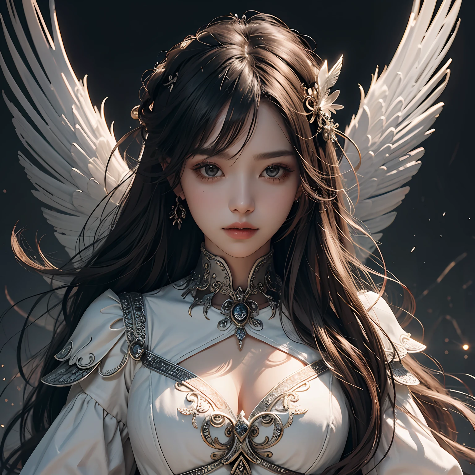 (highest quality, 4K, High resolution, masterpiece:1.2), super detailed, realistic, radiant lighting, Angel, portrait, fantastic color, Fine art, ethereal being, dream-like, Capricious creatures, detailed facial features, shining eyes, Angelの美女, fantastic shine, mythical creatures, harmonious composition, Dazzling colors, stunning visual effects, The appearance of the other world, Captivating artistry,front、smile、Bride costume、kind、eyes are blue、long eyelashes、smile、体の向きをfrontに、Hair wavy、Heart on background