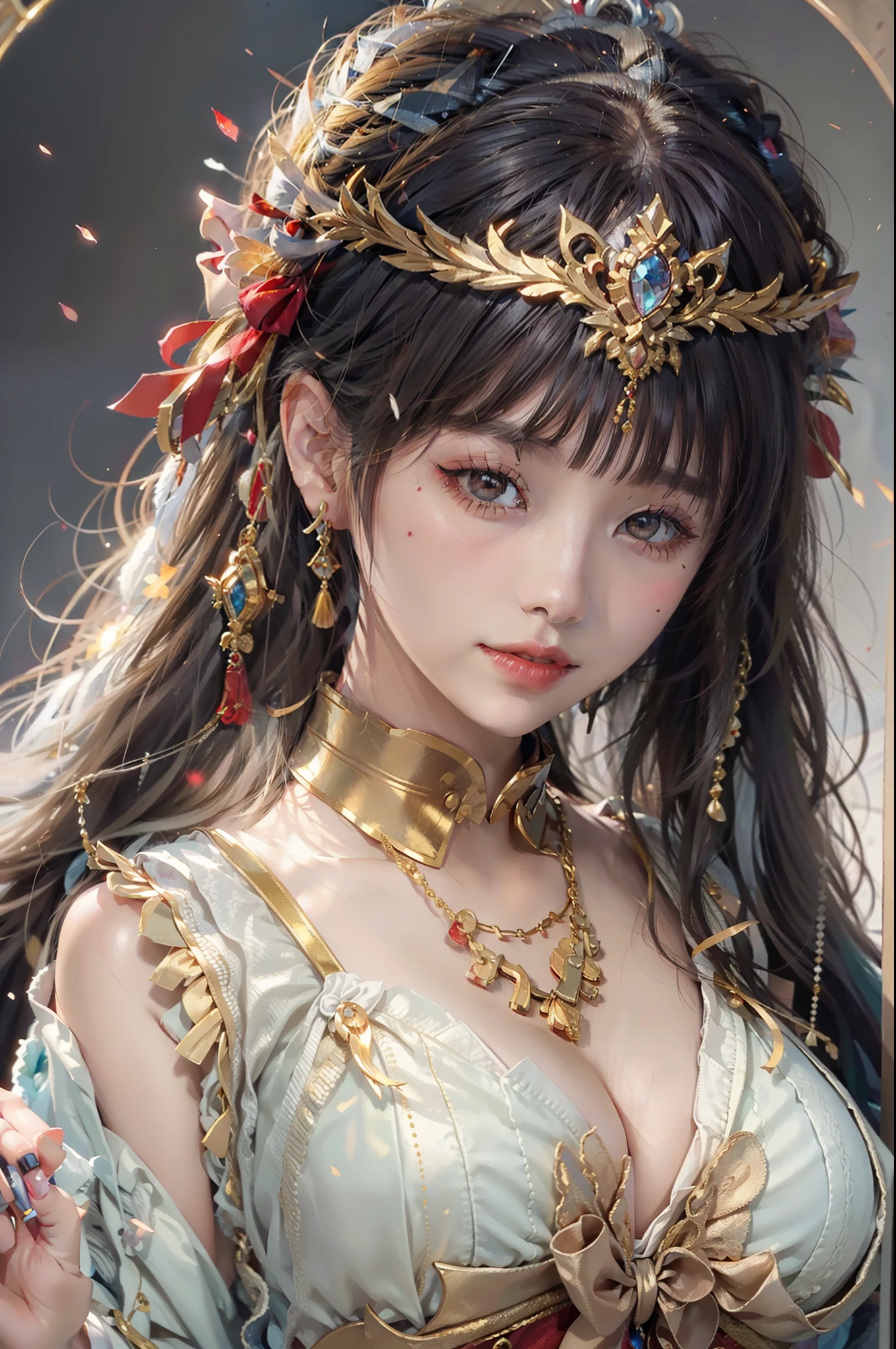 Highest image quality、Masterpiece level、Ultra-high sharpness、best qualtiy,tmasterpiece,超高分辨率,(Fidelity:1.4),(Ultra photo realsisim), (A high resolution), (8K), 1girll, bangs, Black hair, Blunt bangs, Closed mouth, Earrings, eyeslashes, eye shadows, face markings, hair adornments, headdress, jewelry, Lips,White skin,famousartwork,s the perfect face,beauitful face,beautidful eyes,((Perfect female body)), Long hair,Light particles, Long sleeves, view the viewer, Medium hair, Night, Red bow, Solo, Star \(symbol\), Upper body,Smile,Red lips